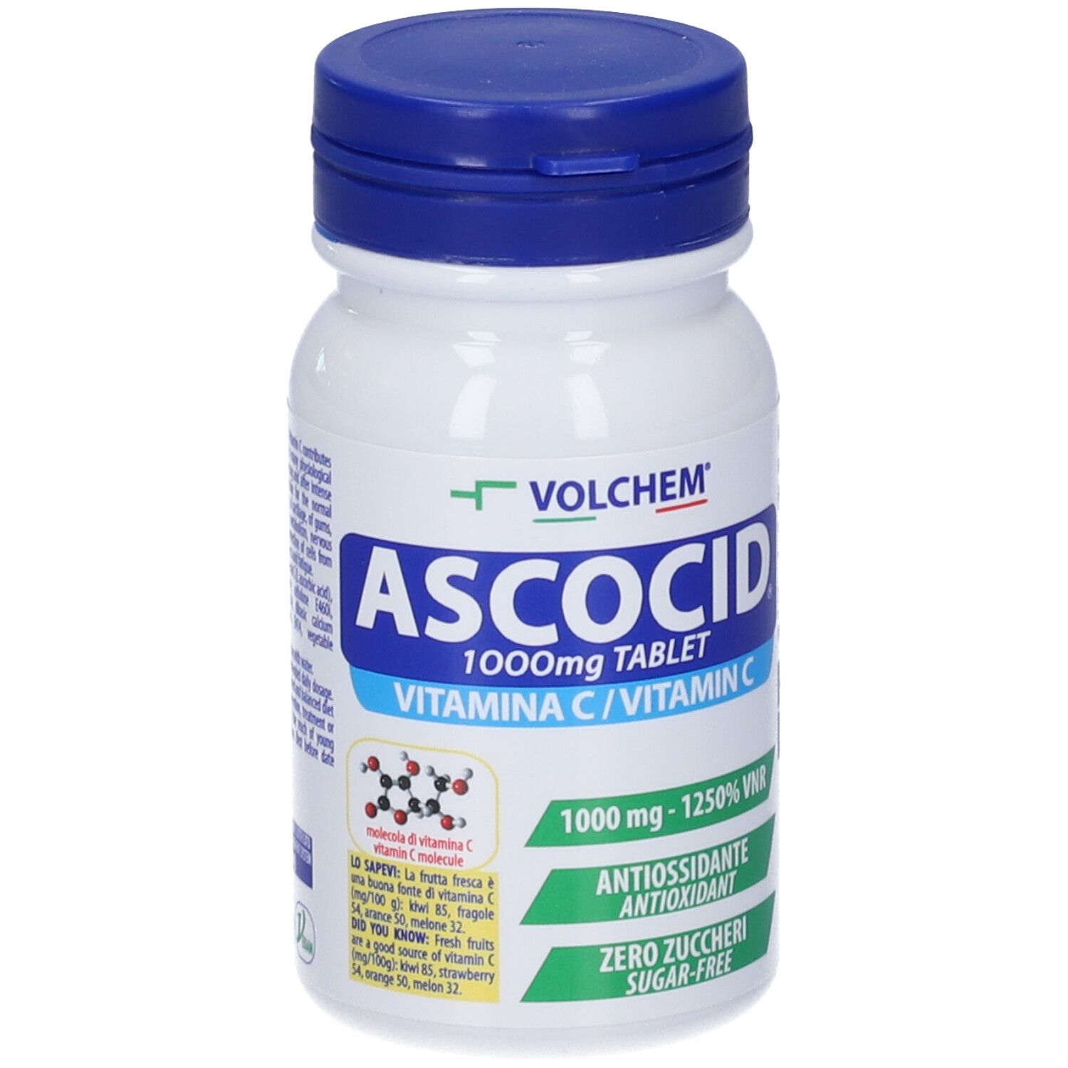 Flacone bianco con tappo blu. Scritta: Ascocid 1000mg Tablet Vitamin C. Contiene antiossidanti e senza zucchero.