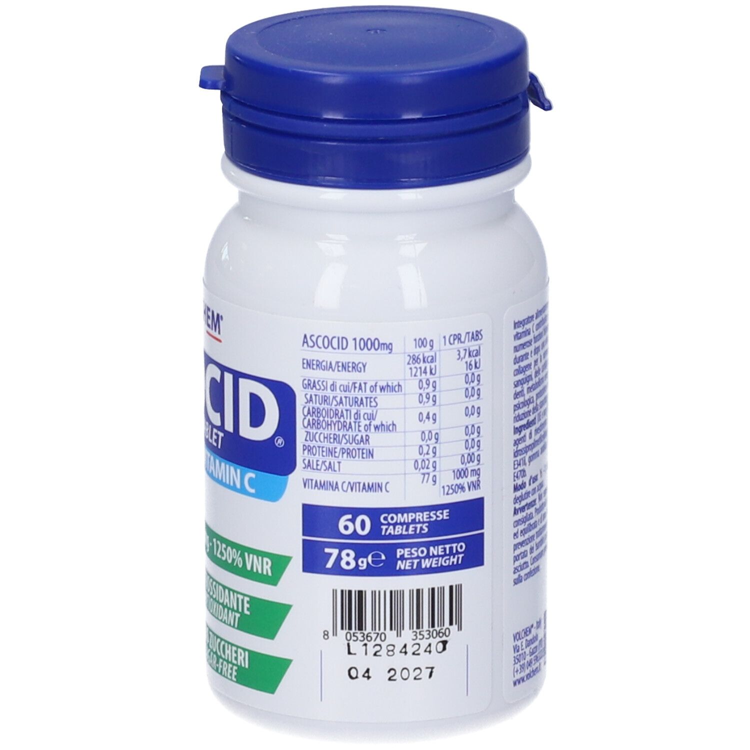 Retro di un flacone bianco con tappo blu. Contiene 60 compresse. Informazioni nutrizionali e scadenza.