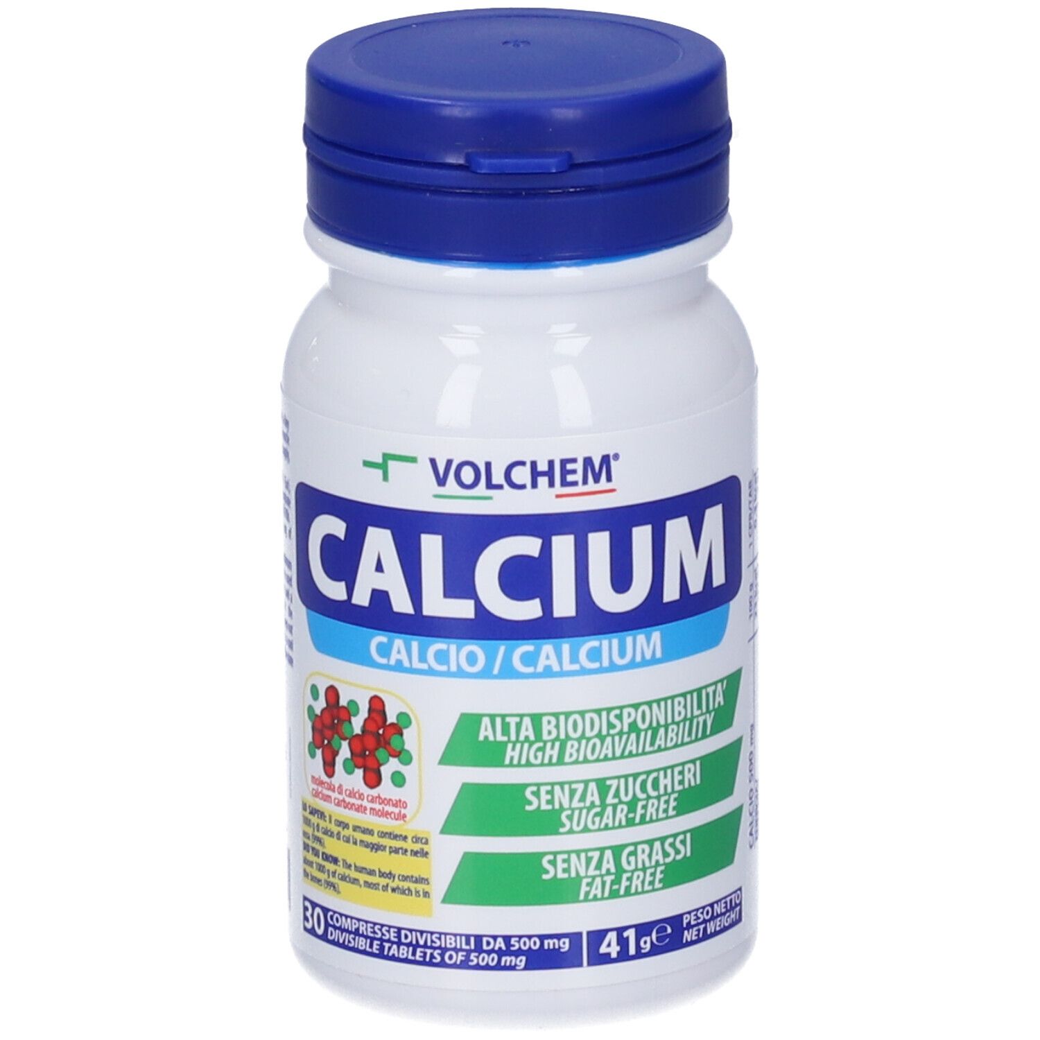 Flacone bianco con tappo blu. Scritta: VOLCHEM Calcium. Contiene 30 compresse. Senza zuccheri e grassi.