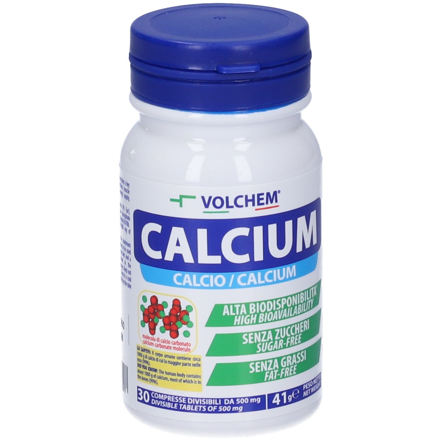 Flacone bianco con tappo blu. Scritta: VOLCHEM Calcium. Contiene 30 compresse. Senza zuccheri e grassi.