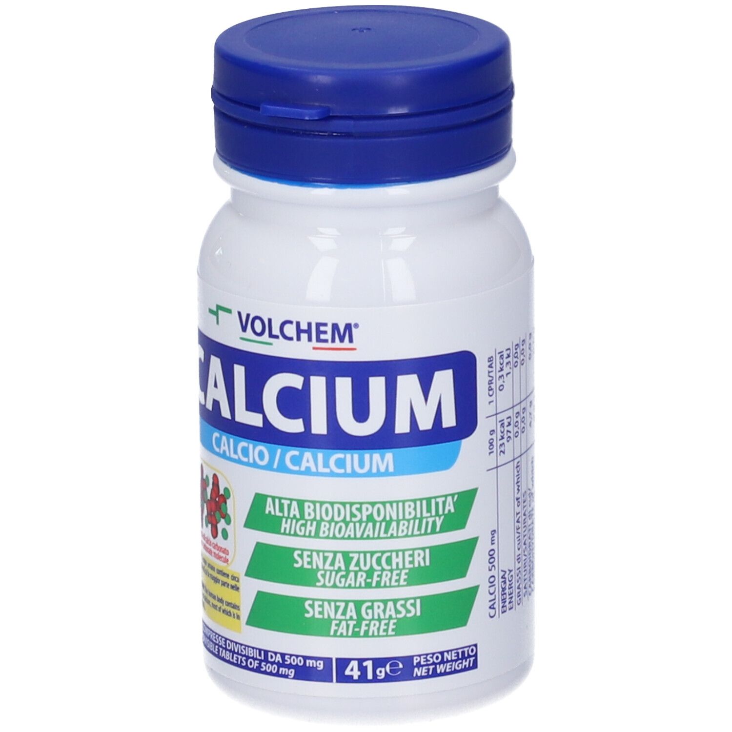 Flacone bianco con tappo blu. Scritta: VOLCHEM Calcium. Contiene 30 compresse. Senza zuccheri e grassi.