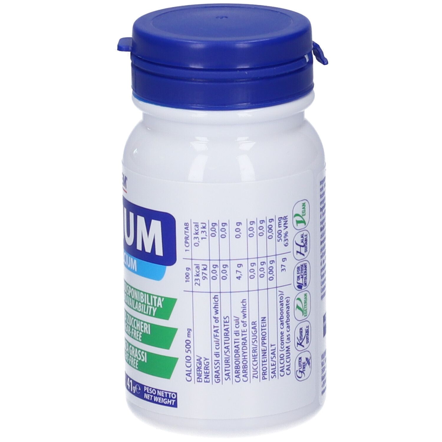 Flacone bianco con tappo blu. Informazioni nutrizionali e ingredienti. Contiene 30 compresse.