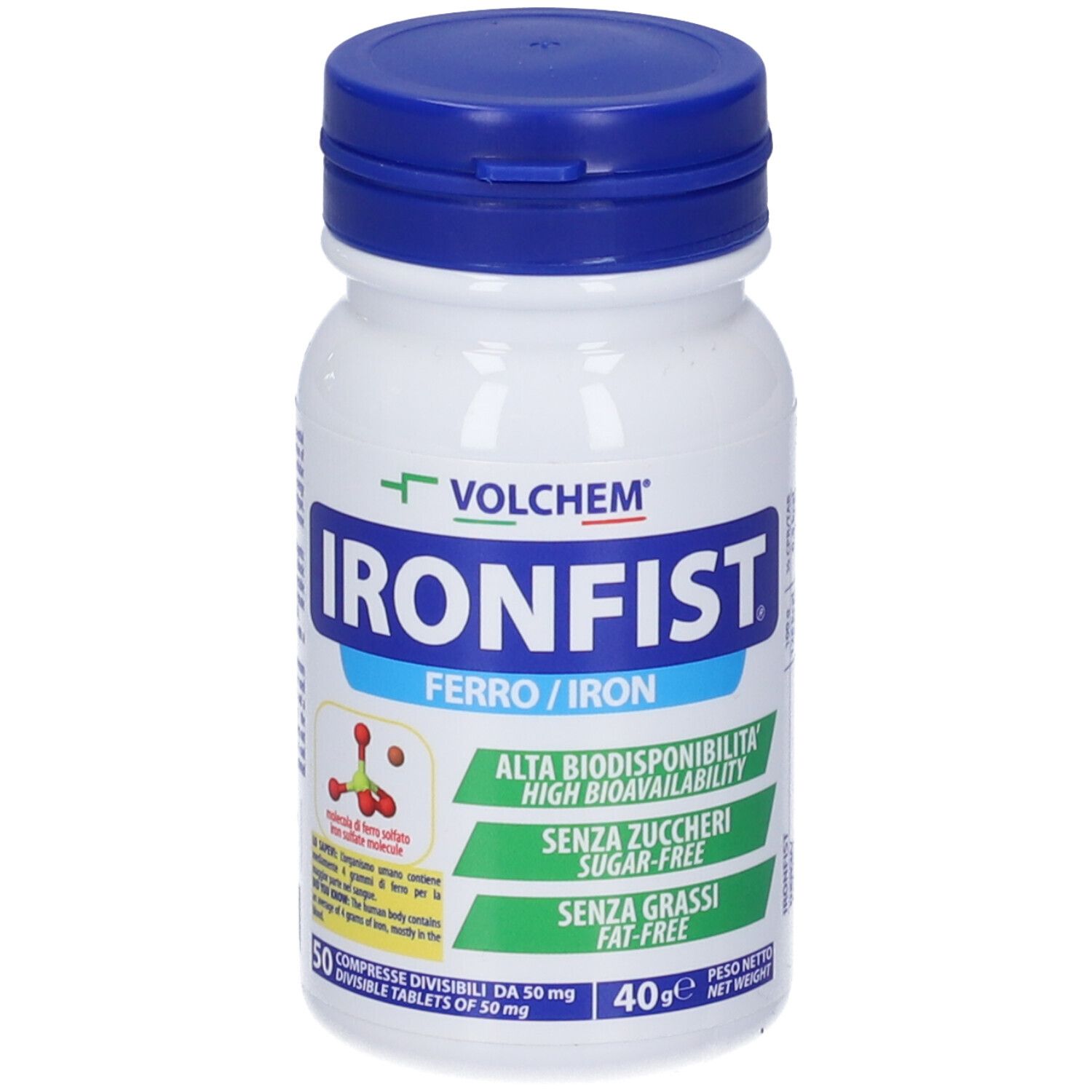 Flacone bianco con tappo blu. Scritta IRONFIST, Ferro/Iron, Volchem. Contiene 50 compresse. Senza zucchero, senza grassi.