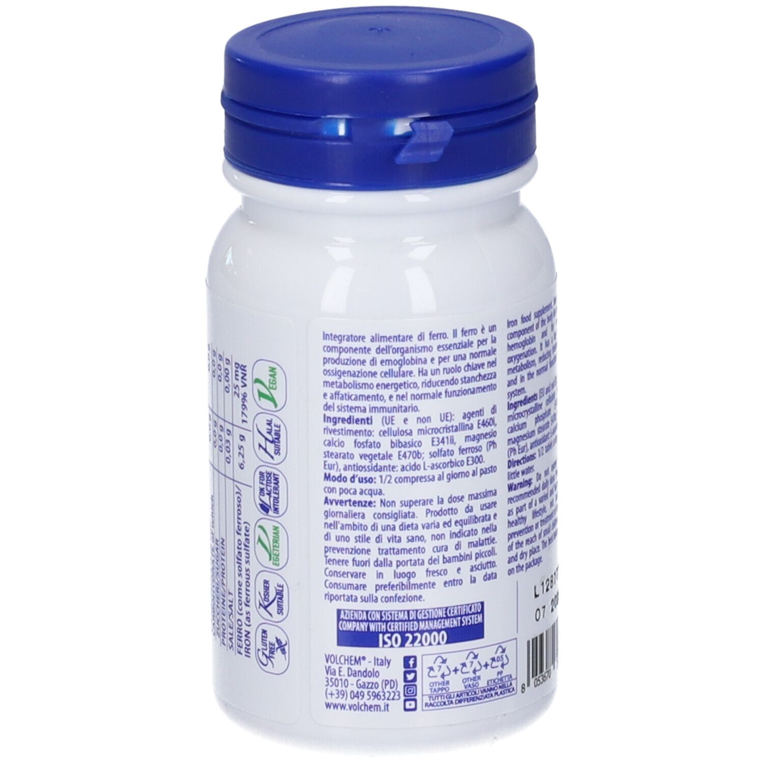 Retro del flacone bianco con tappo blu. Testo sugli ingredienti e l'uso. Certificazione ISO 22000.