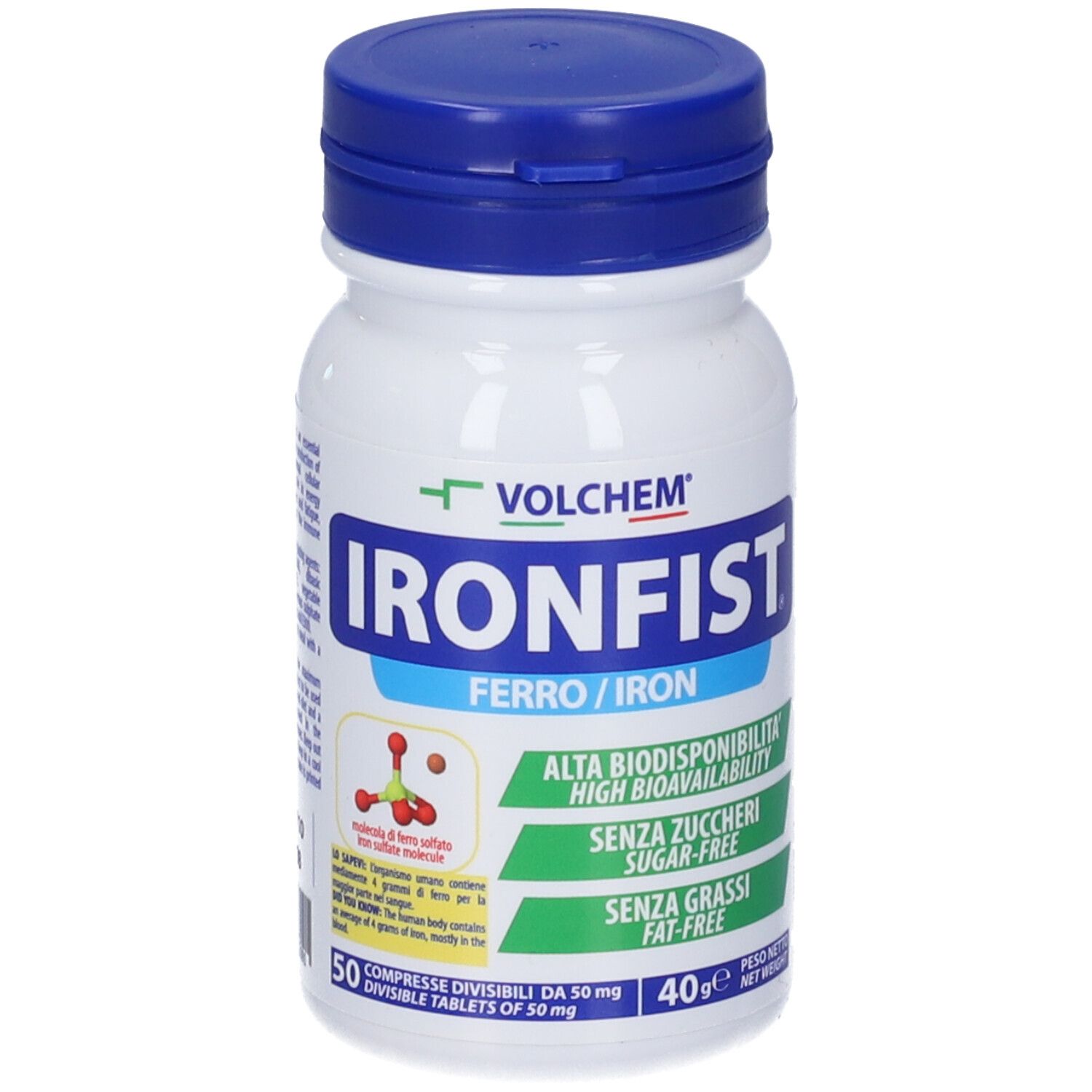 Flacone bianco con tappo blu. Scritta IRONFIST, Ferro/Iron, Volchem. Contiene 50 compresse. Senza zucchero, senza grassi.