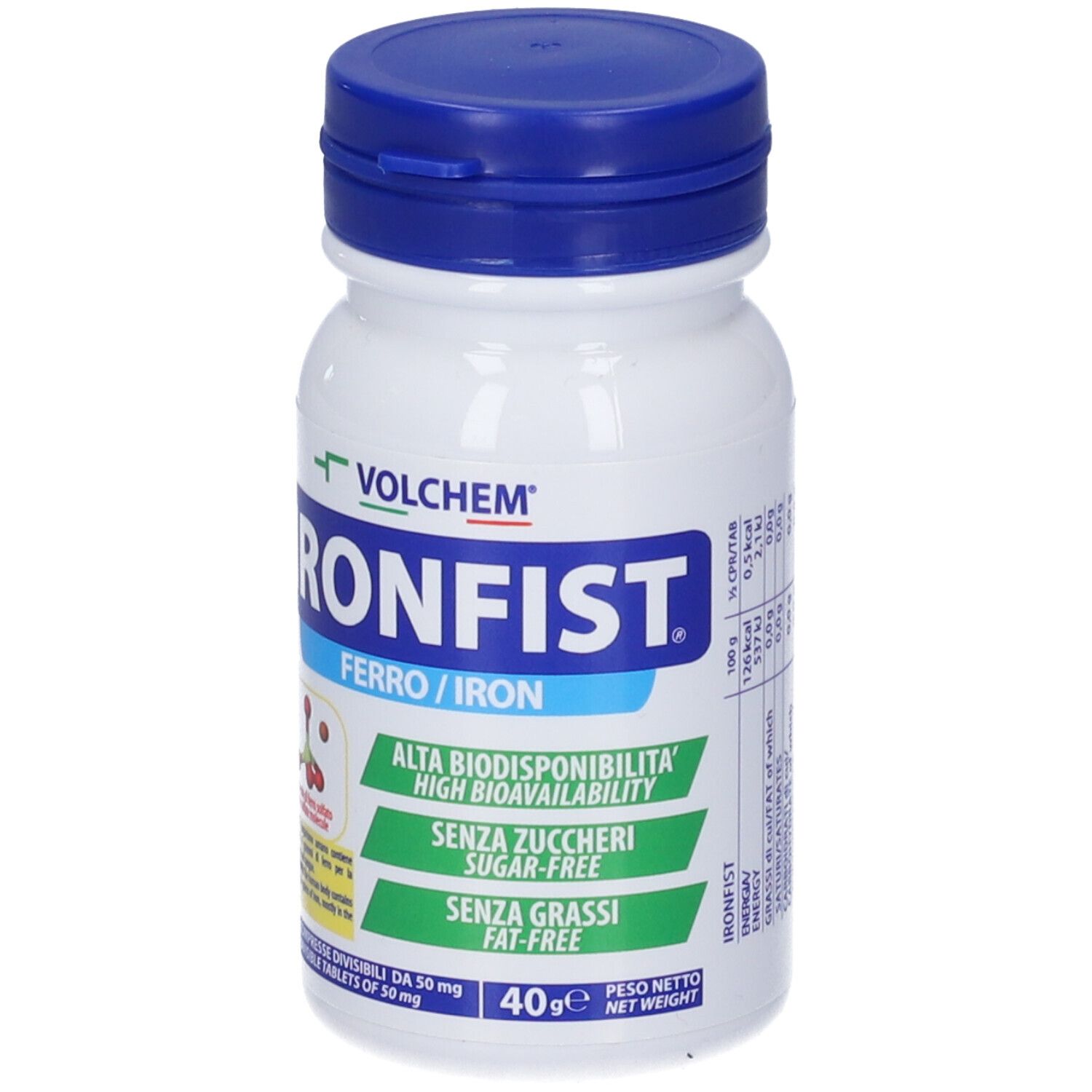 Flacone bianco con tappo blu. Scritta IRONFIST, Ferro/Iron, Volchem. Contiene 50 compresse. Senza zucchero, senza grassi.