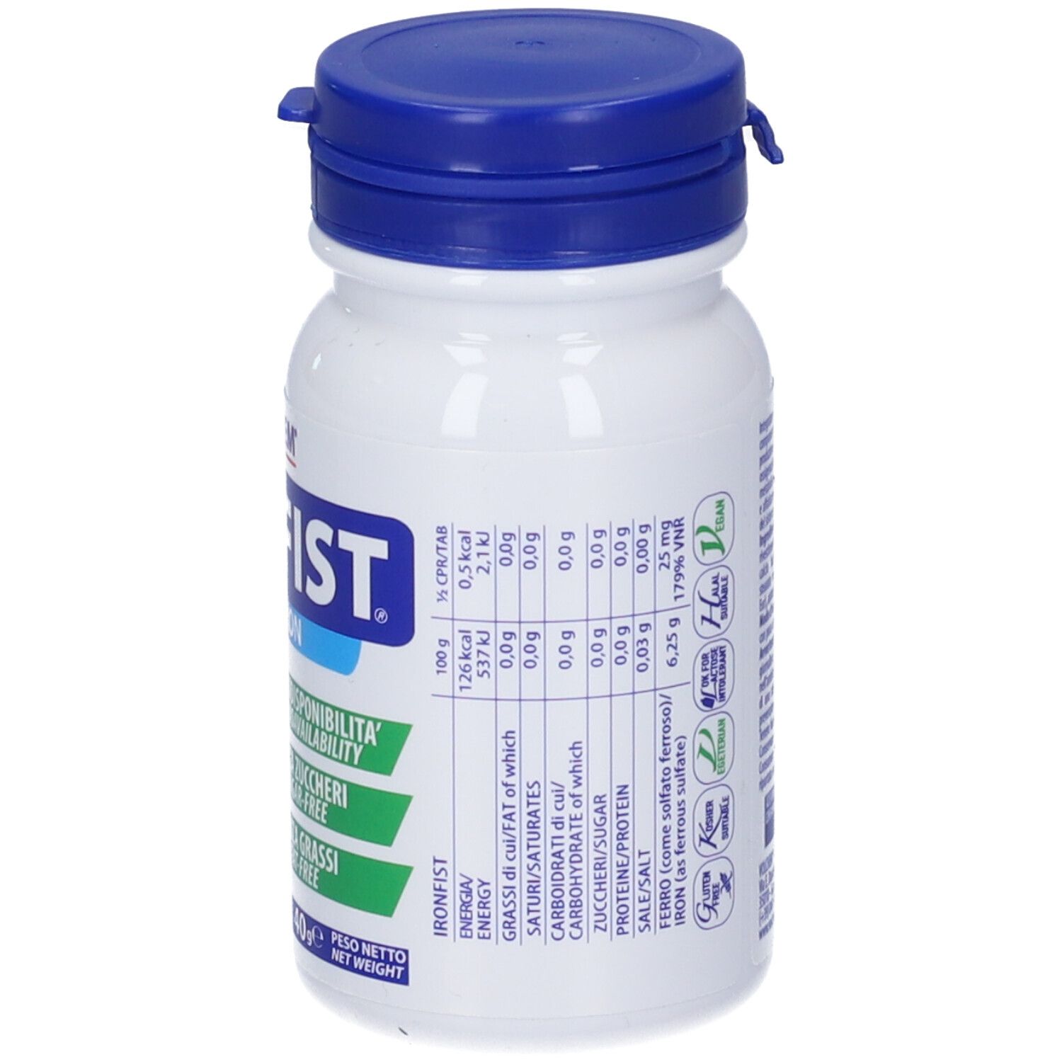 Flacone bianco con tappo blu. Informazioni nutrizionali sul lato. Scritta IRONFIST, Ferro/Iron, Volchem.