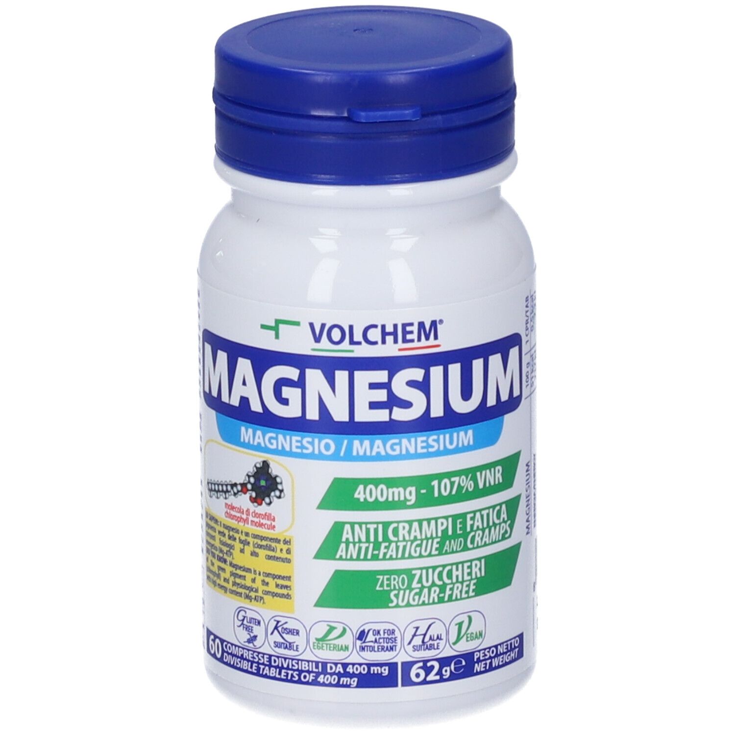 Flacone bianco, tappo blu. Scritta VOLCHEM Magnesium. Contiene 60 compresse. Anti-crampi, anti-fatica.