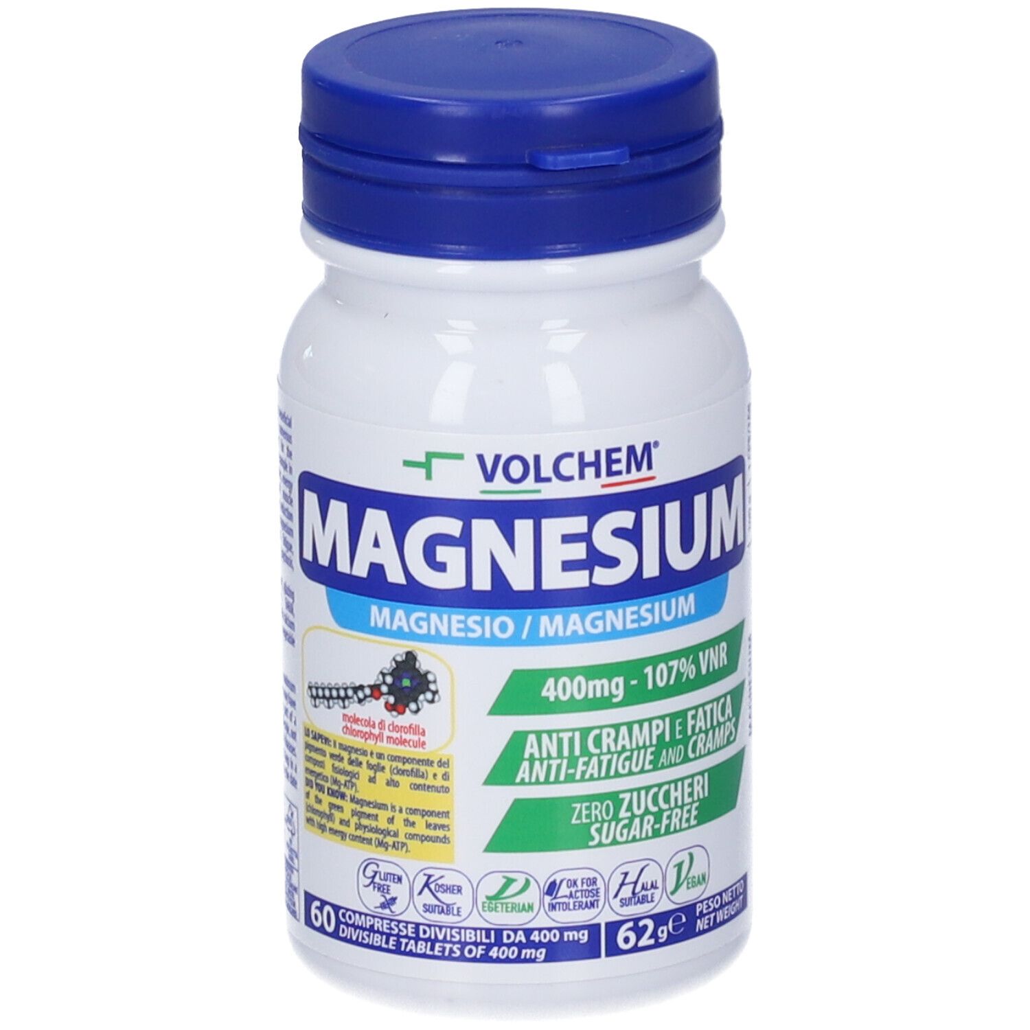 Flacone bianco, tappo blu. Scritta VOLCHEM Magnesium. Contiene 60 compresse. Anti-crampi, anti-fatica.