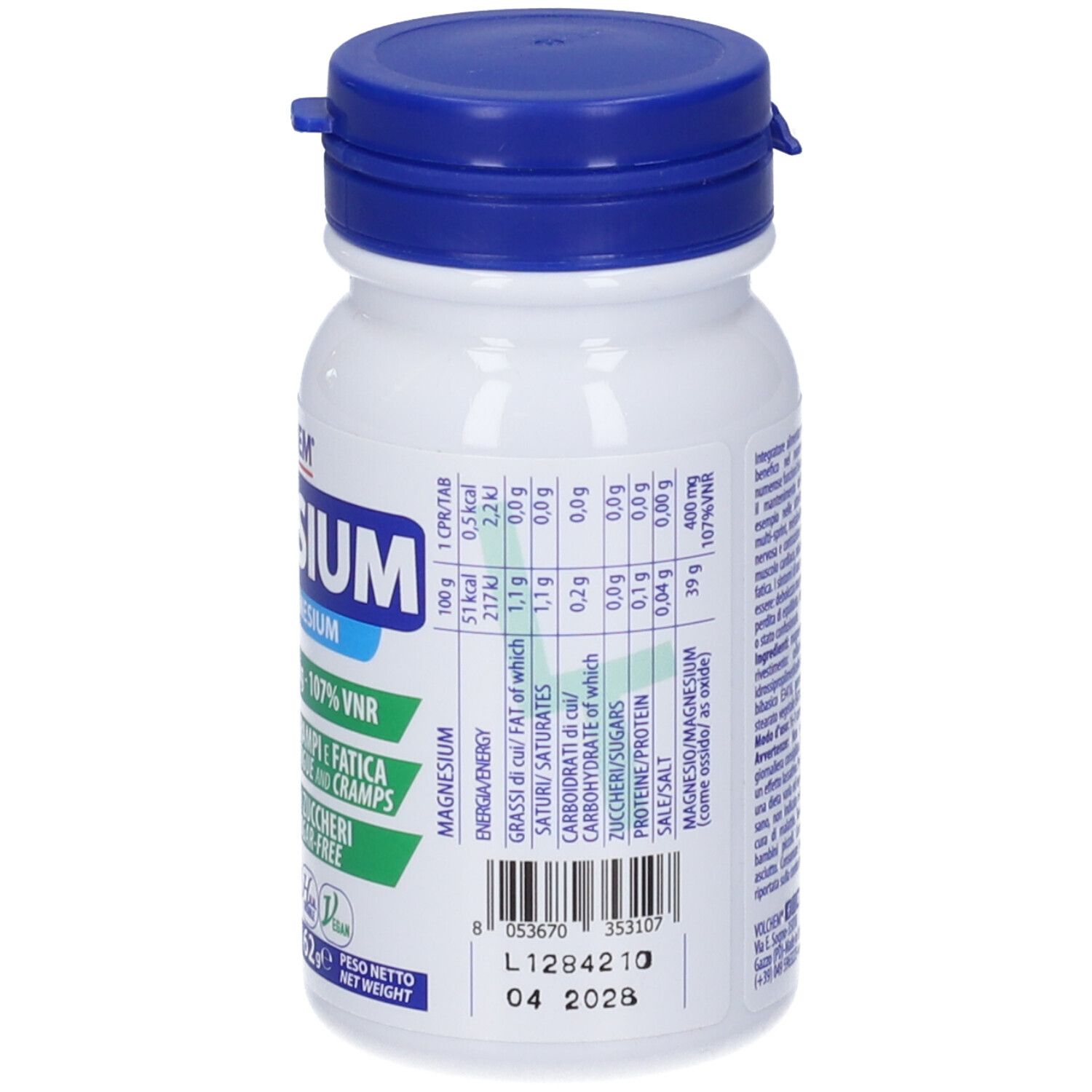 Retro del flacone bianco, tappo blu. Informazioni nutrizionali. Contiene 60 compresse. Data di scadenza.