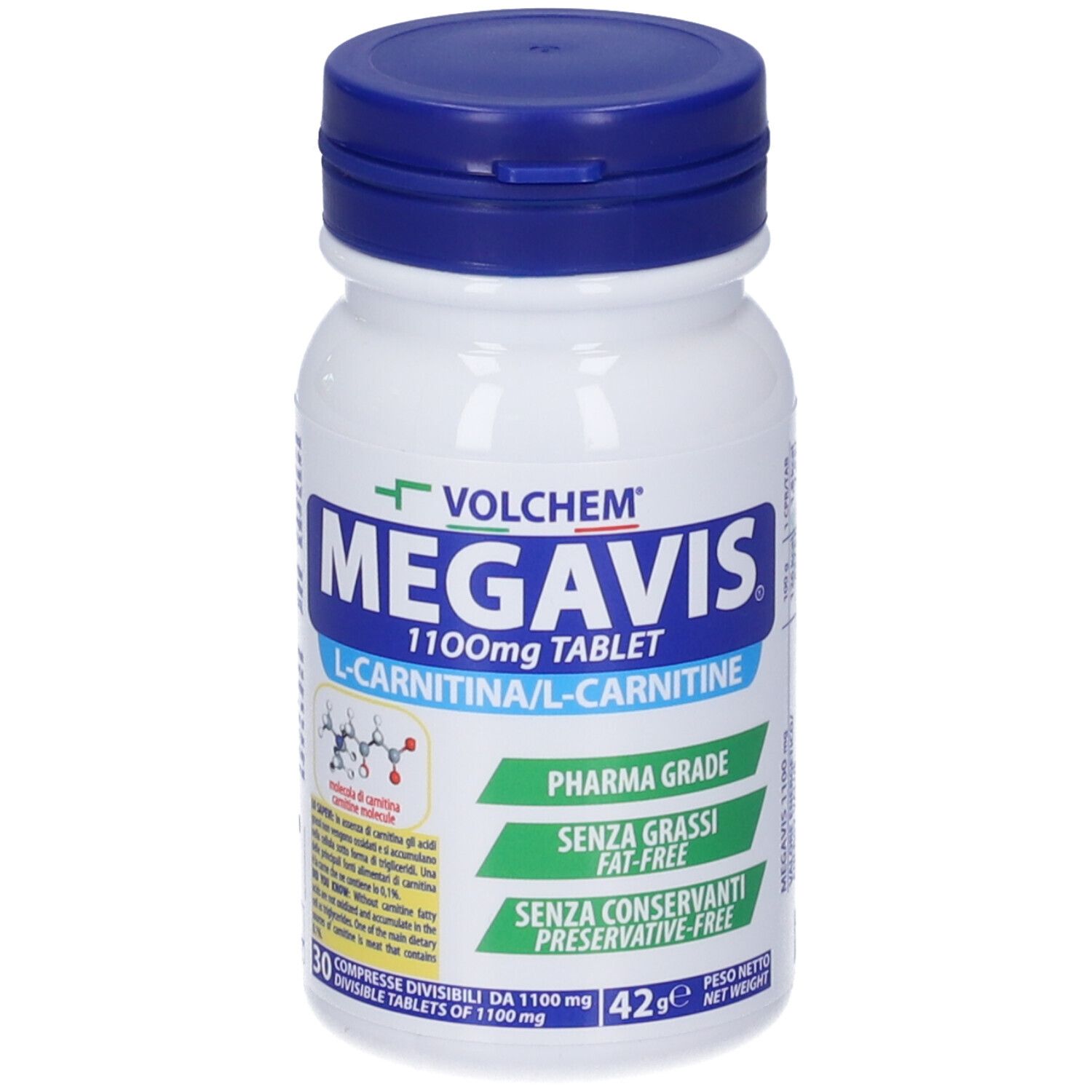 Flacone bianco con tappo blu. Scritta: Megavis 1100mg Tablet, L-Carnitina/L-Carnitine. Pharma Grade, senza grassi, senza conservanti.
