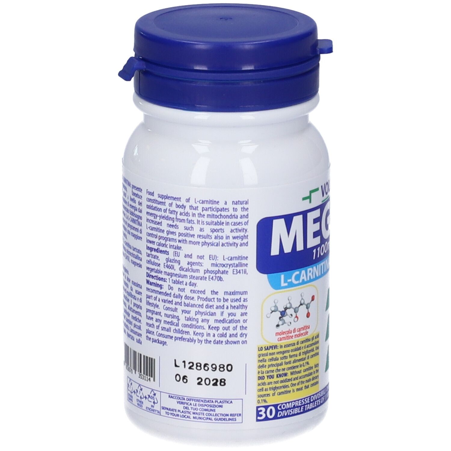 Retro del flacone di compresse con tappo blu. Testo: informazioni sulla L-carnitina. Molecola stampata. Scadenza: 06 2026.