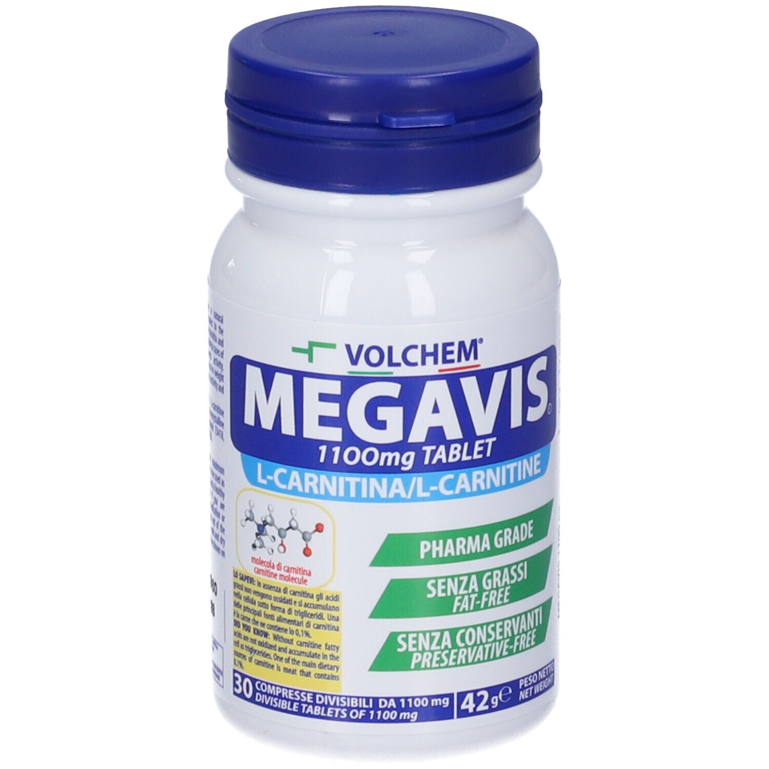 Flacone bianco con tappo blu. Scritta: Megavis 1100mg Tablet, L-Carnitina/L-Carnitine. Pharma Grade, senza grassi, senza conservanti.