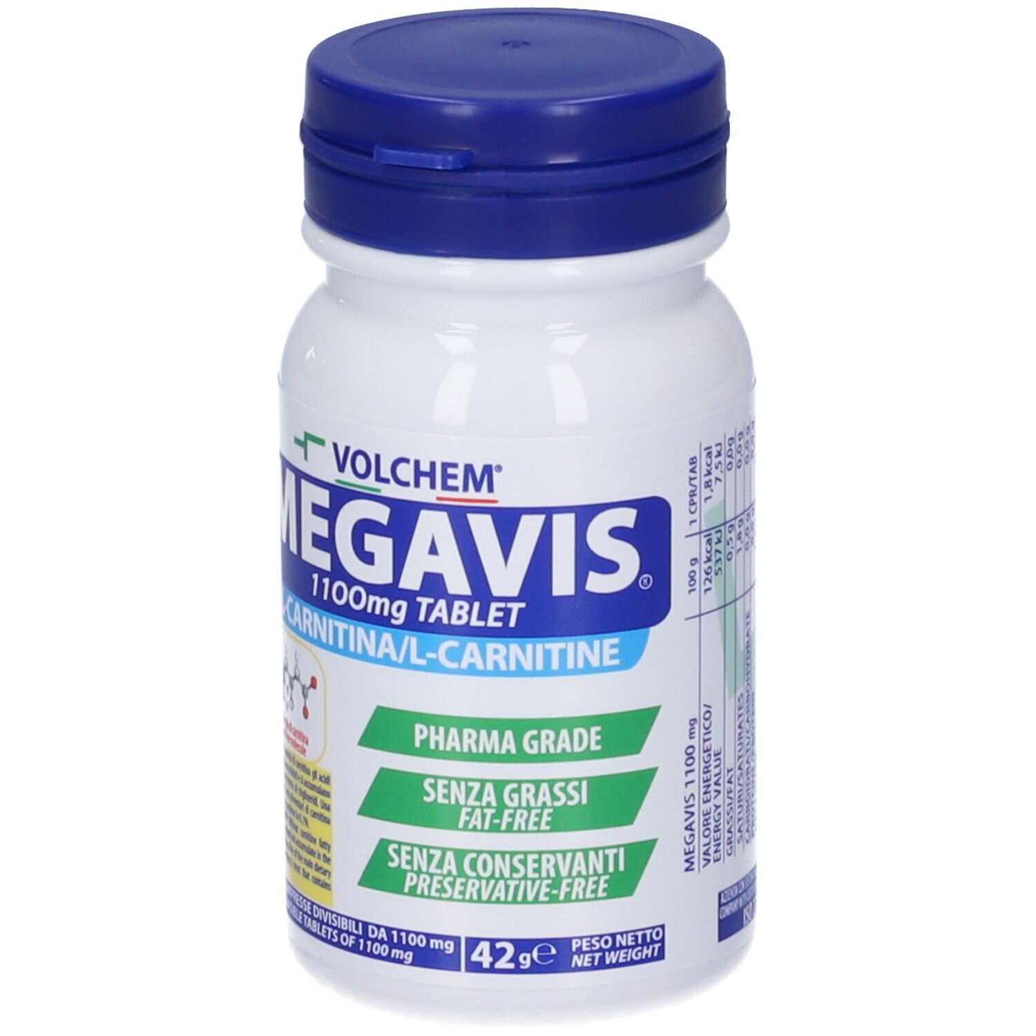 Flacone bianco con tappo blu. Scritta: Megavis 1100mg Tablet, L-Carnitina/L-Carnitine. Pharma Grade, senza grassi, senza conservanti.