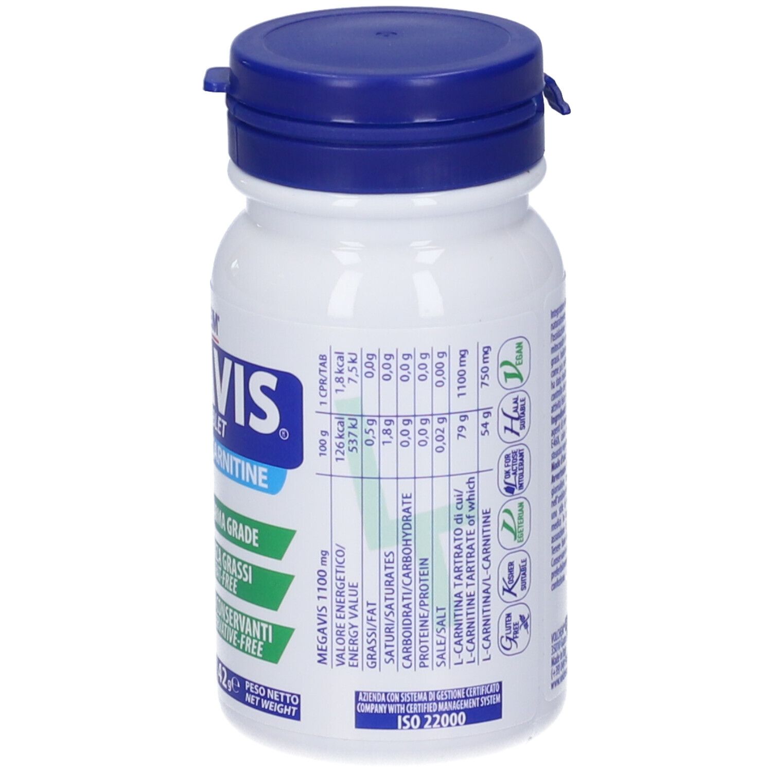 Flacone bianco con tappo blu. Scritta: Megavis 1100mg Tablet, L-Carnitina/L-Carnitine. Informazioni nutrizionali. Certificazione ISO 22000.