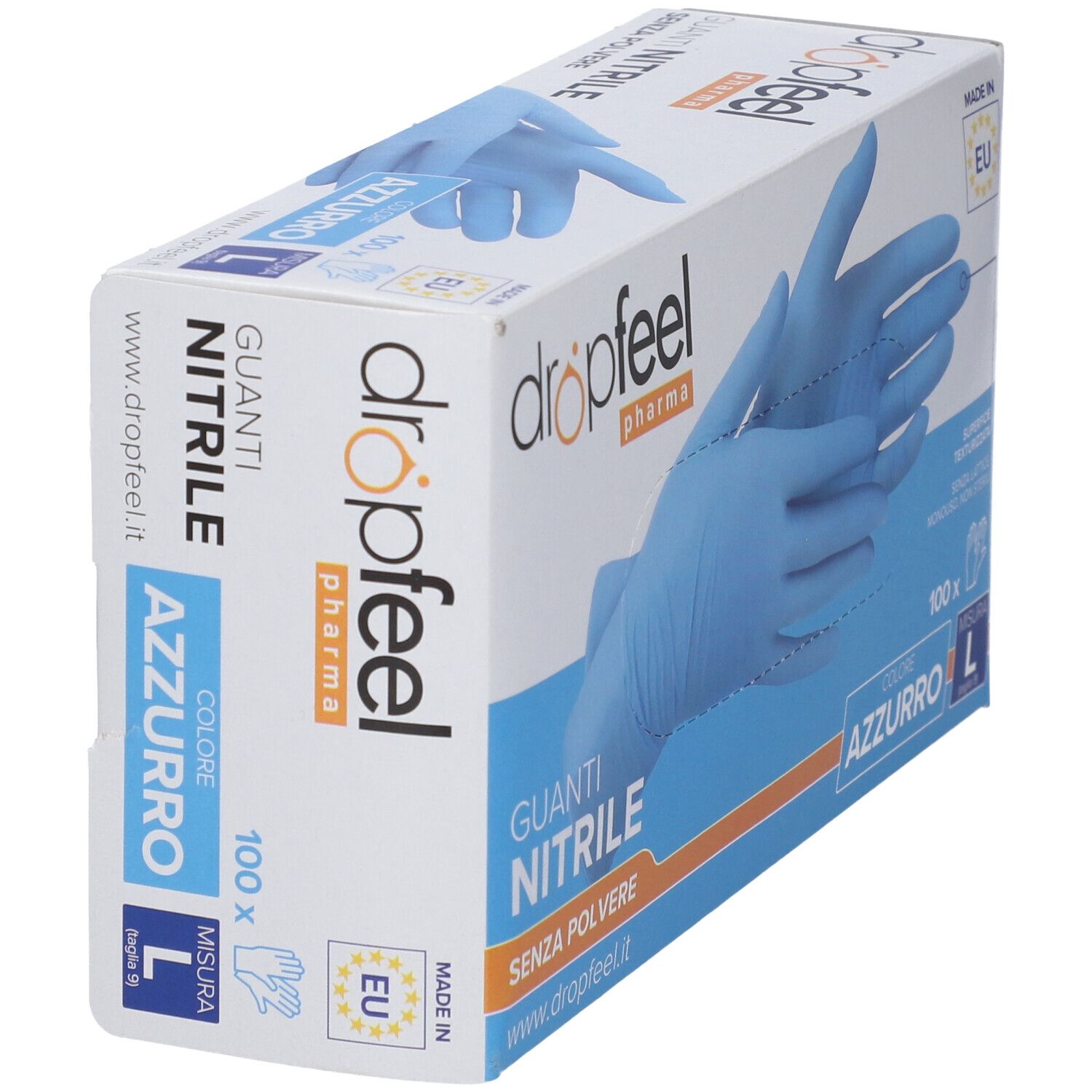 Confezione guanti nitrile azzurri, taglia L, 100 pezzi, senza polvere.