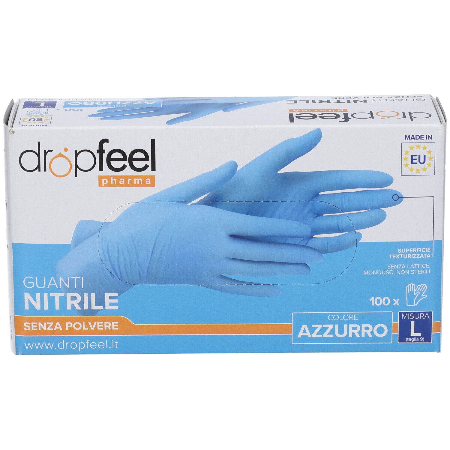 Confezione guanti nitrile azzurri, taglia L, 100 pezzi, senza polvere.