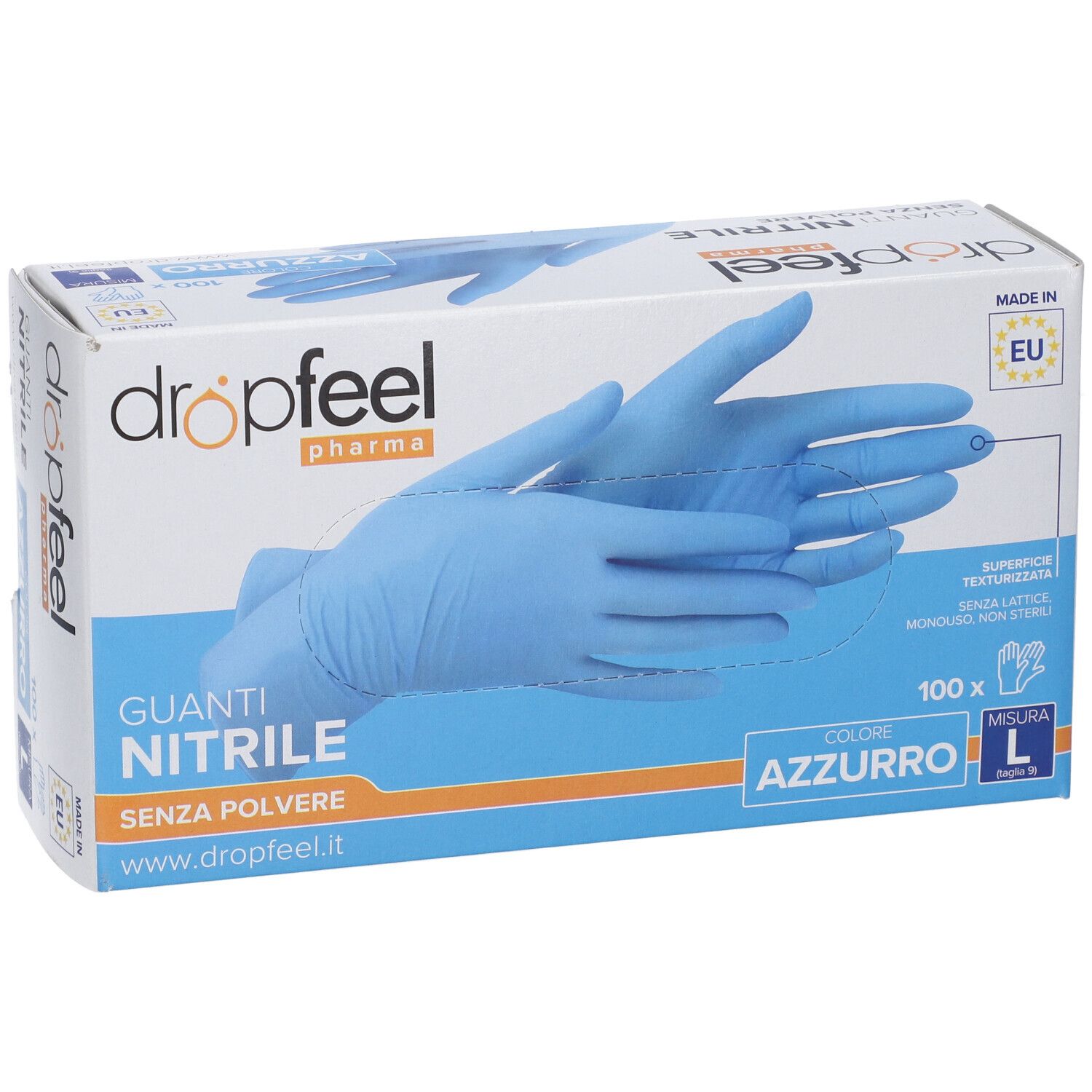 Confezione guanti nitrile azzurri, taglia L, 100 pezzi, senza polvere.