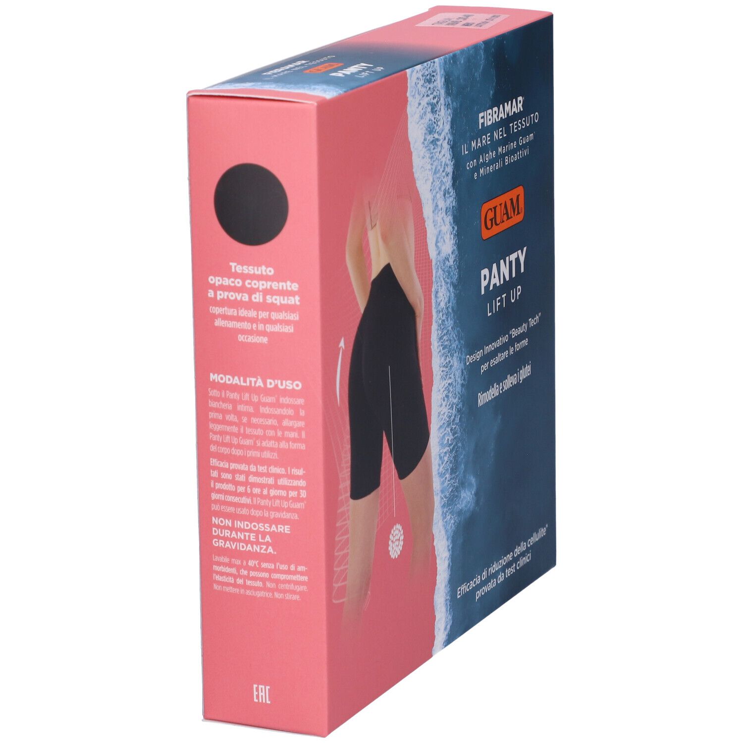 Confezione Guam Panty Lift Up XS/S, vista laterale. Scritte: marchio, nome prodotto, descrizione, immagine di donna con panty.