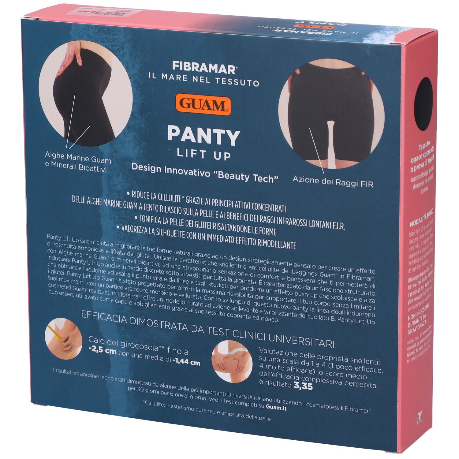 Confezione Guam Panty Lift Up XS/S. Scritte: marchio, nome prodotto, descrizione, diagrammi, testo su ingredienti e risultati.