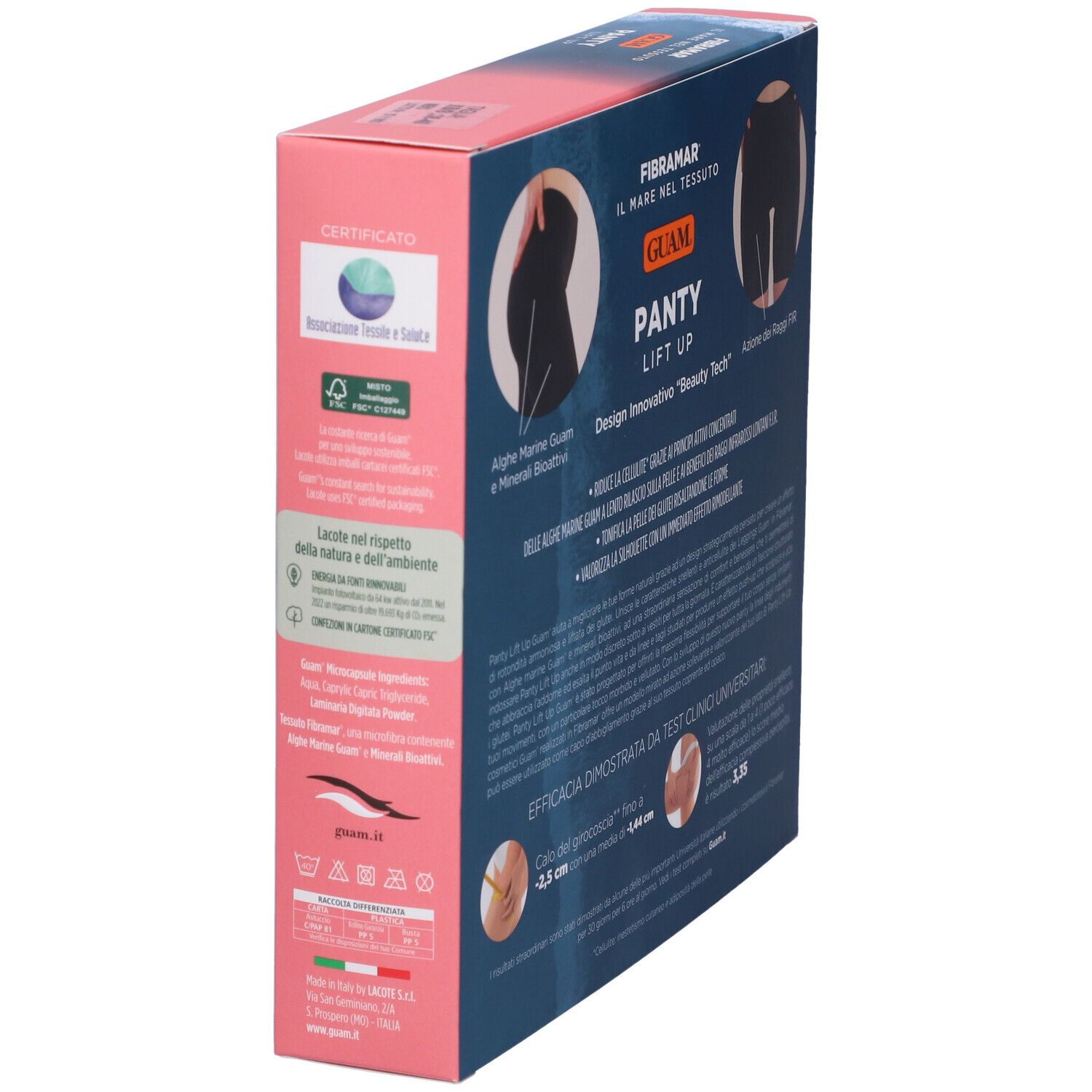 Confezione Guam Panty Lift Up XS/S. Scritte: marchio, nome prodotto, descrizione, certificazioni, testo sugli ingredienti.