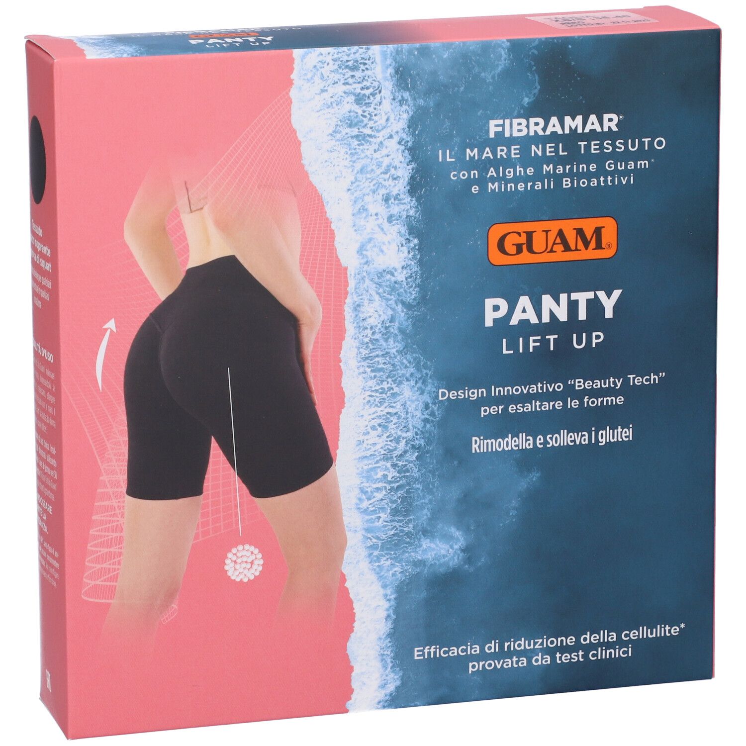Confezione Guam Panty Lift Up XS/S. Scritte: marchio, nome prodotto, descrizione, immagine di donna con panty.