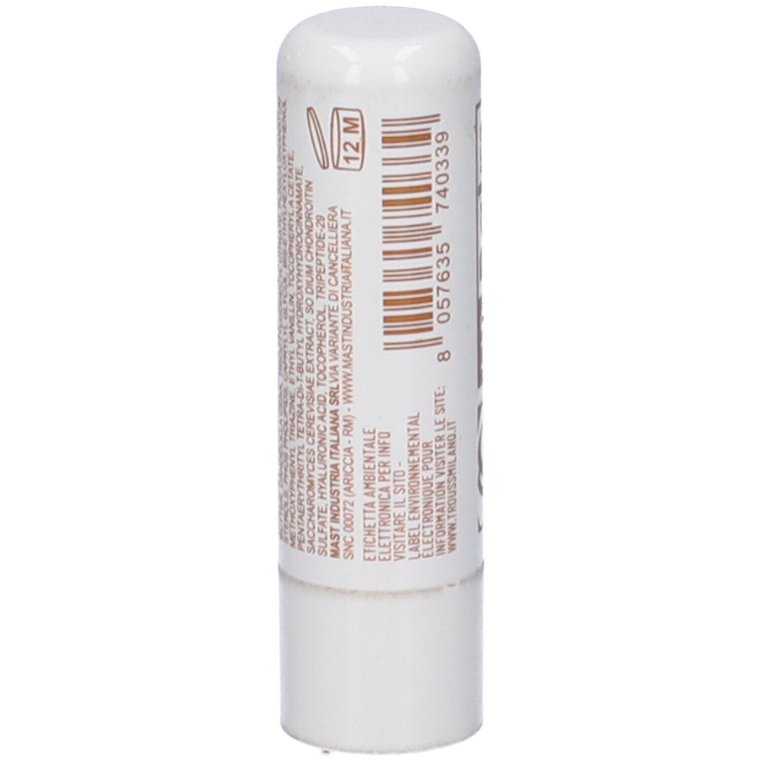 Stick di balsamo labbra bianco con testo. Scritta: 12 M. Codice a barre e testo. Ingredienti sul retro.