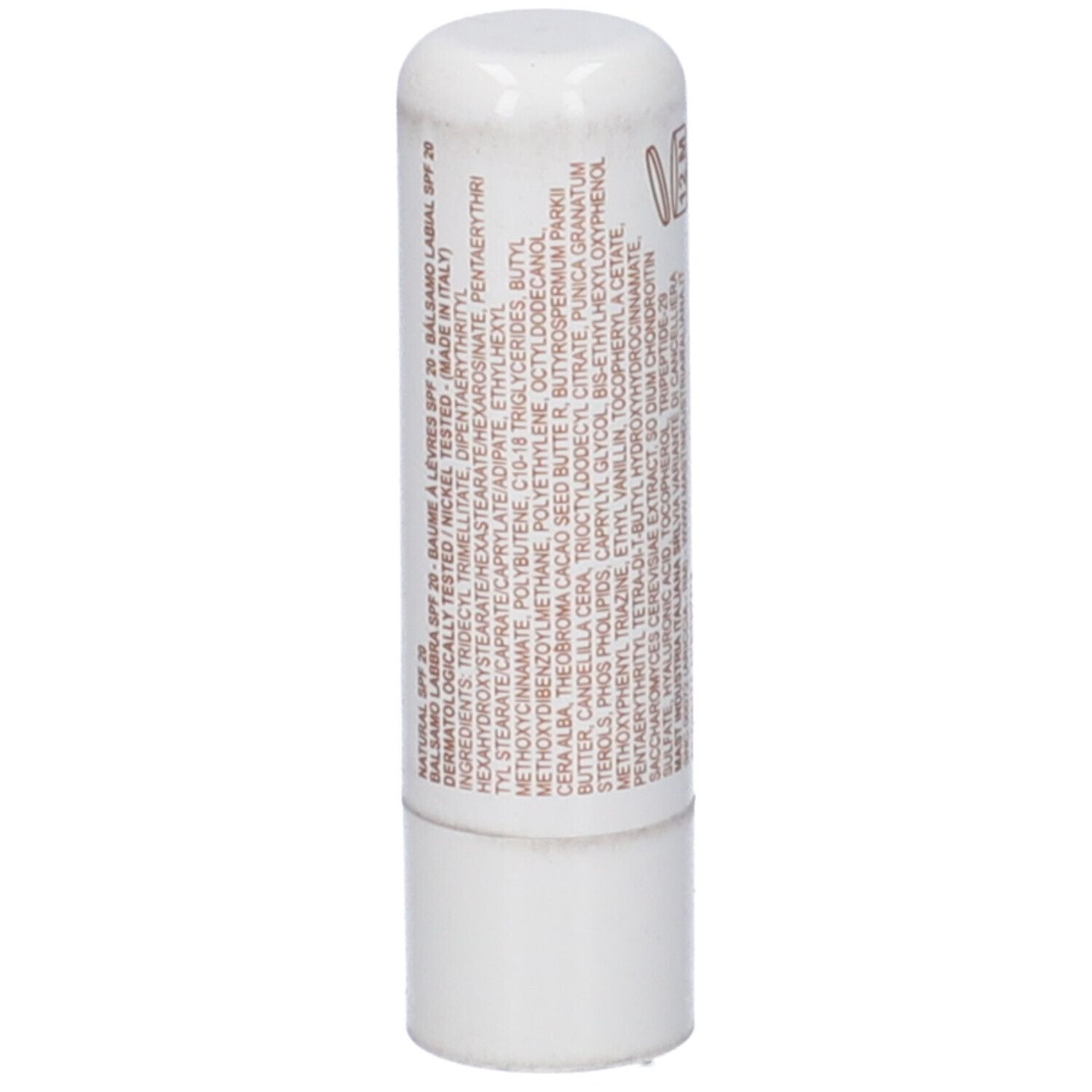 Stick di balsamo labbra bianco con testo. Ingredienti e testo sul retro. Scritta: Natural SPF 20.