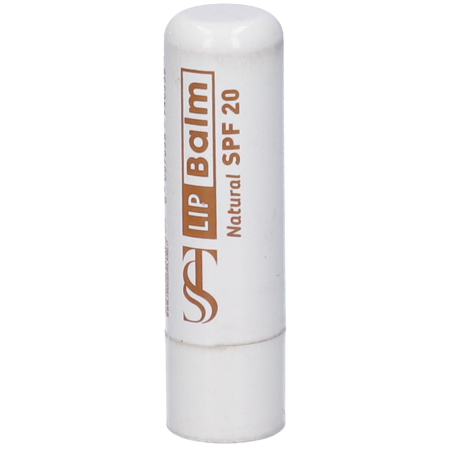 Stick di balsamo labbra bianco con testo marrone. Scritta: Lip Balm Natural SPF 20. Logo.