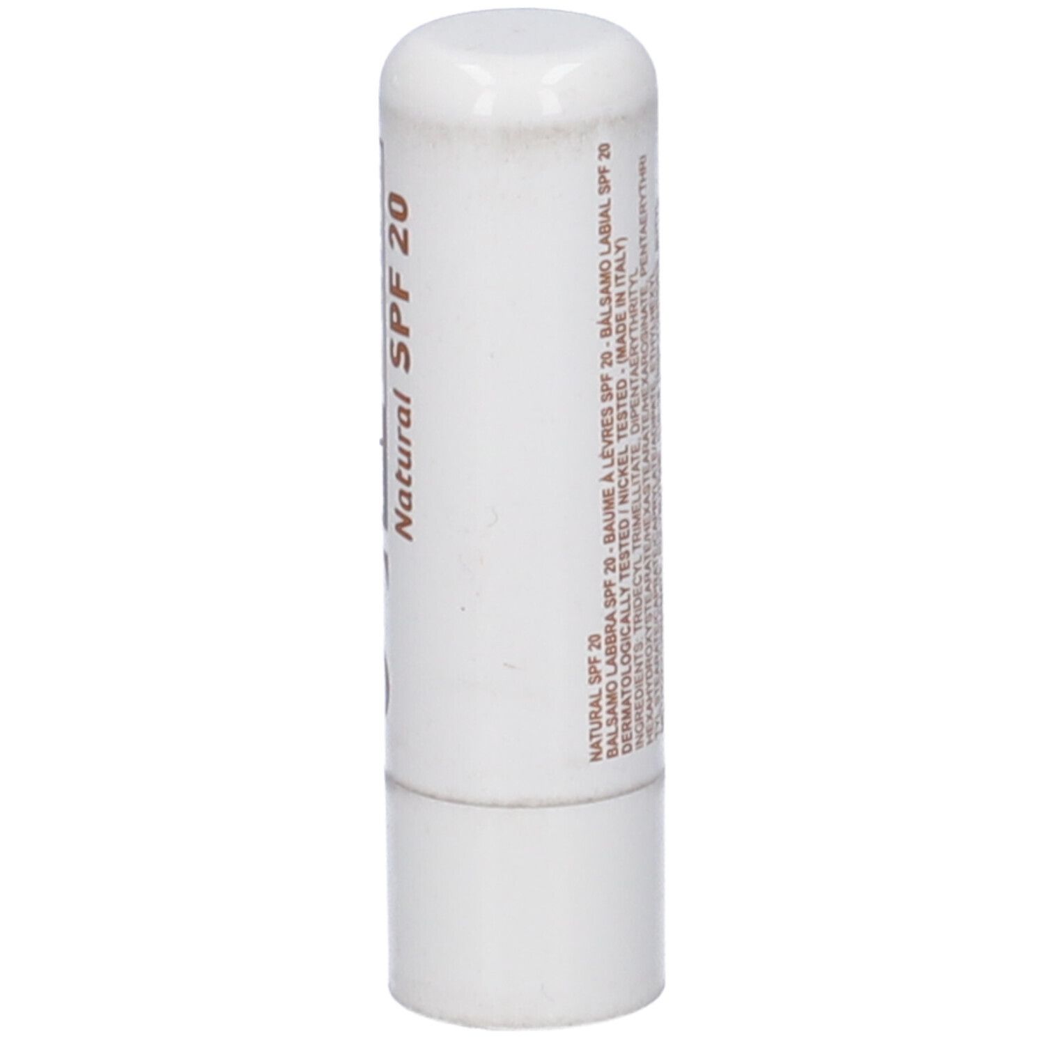 Stick di balsamo labbra bianco con testo. Scritta: Natural SPF 20. Ingredienti e testo sul retro.