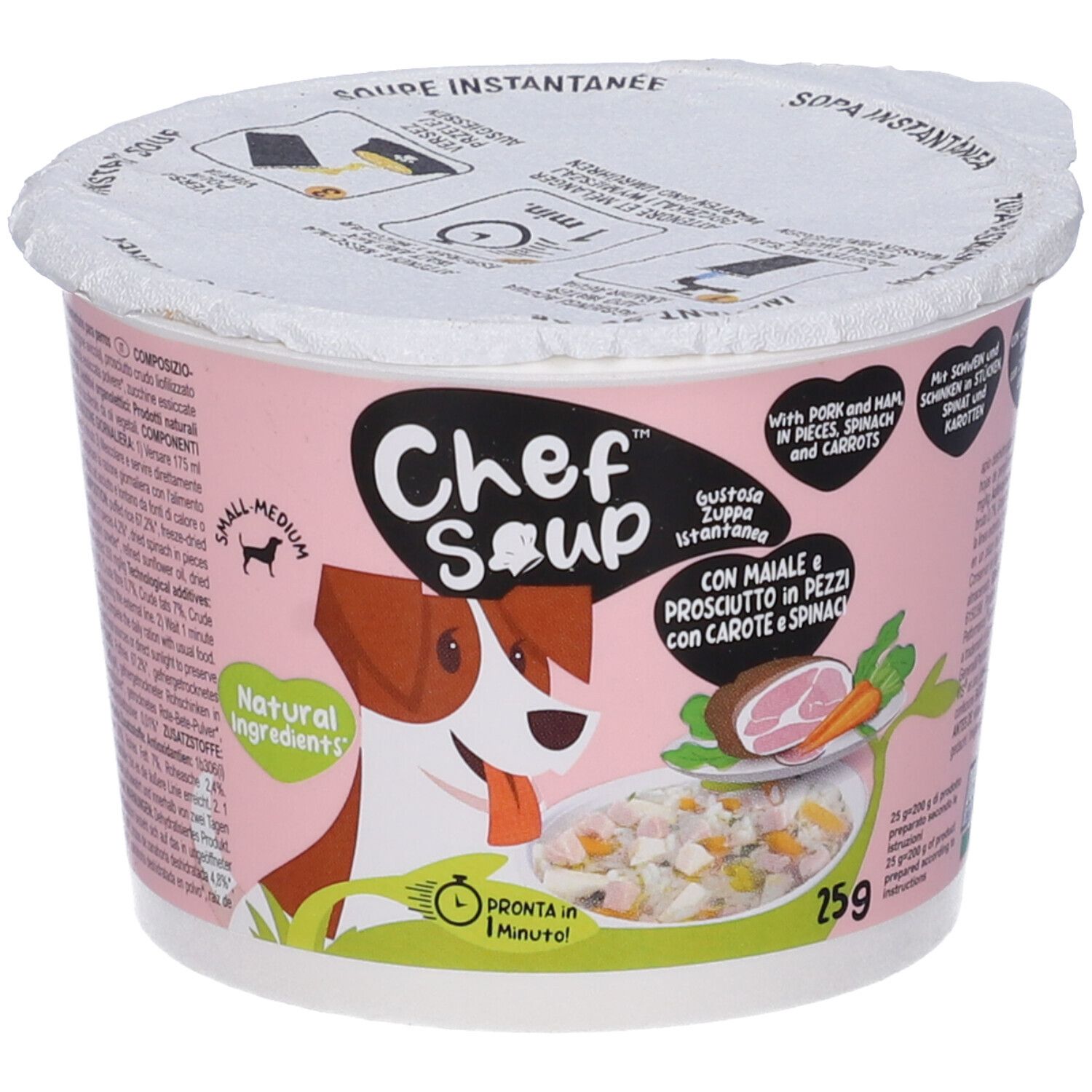Chef Soup con Maiale e Prosciutto in Pezzi Spinaci e Carote