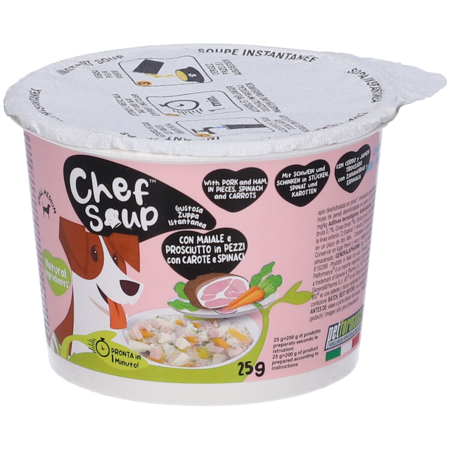 Chef Soup con Maiale e Prosciutto in Pezzi Spinaci e Carote