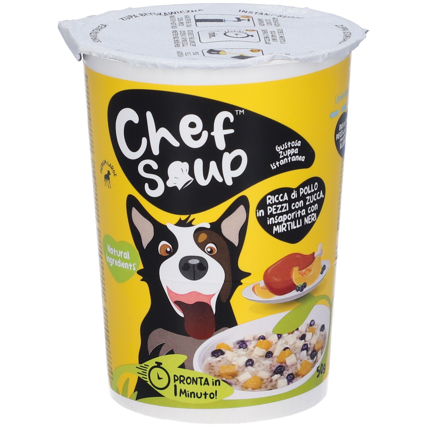 Tazza gialla con logo "Chef Soup" e illustrazione di cane. Contiene pezzi di pollo, zucca e mirtilli. "Pronta in 1 minuto!"