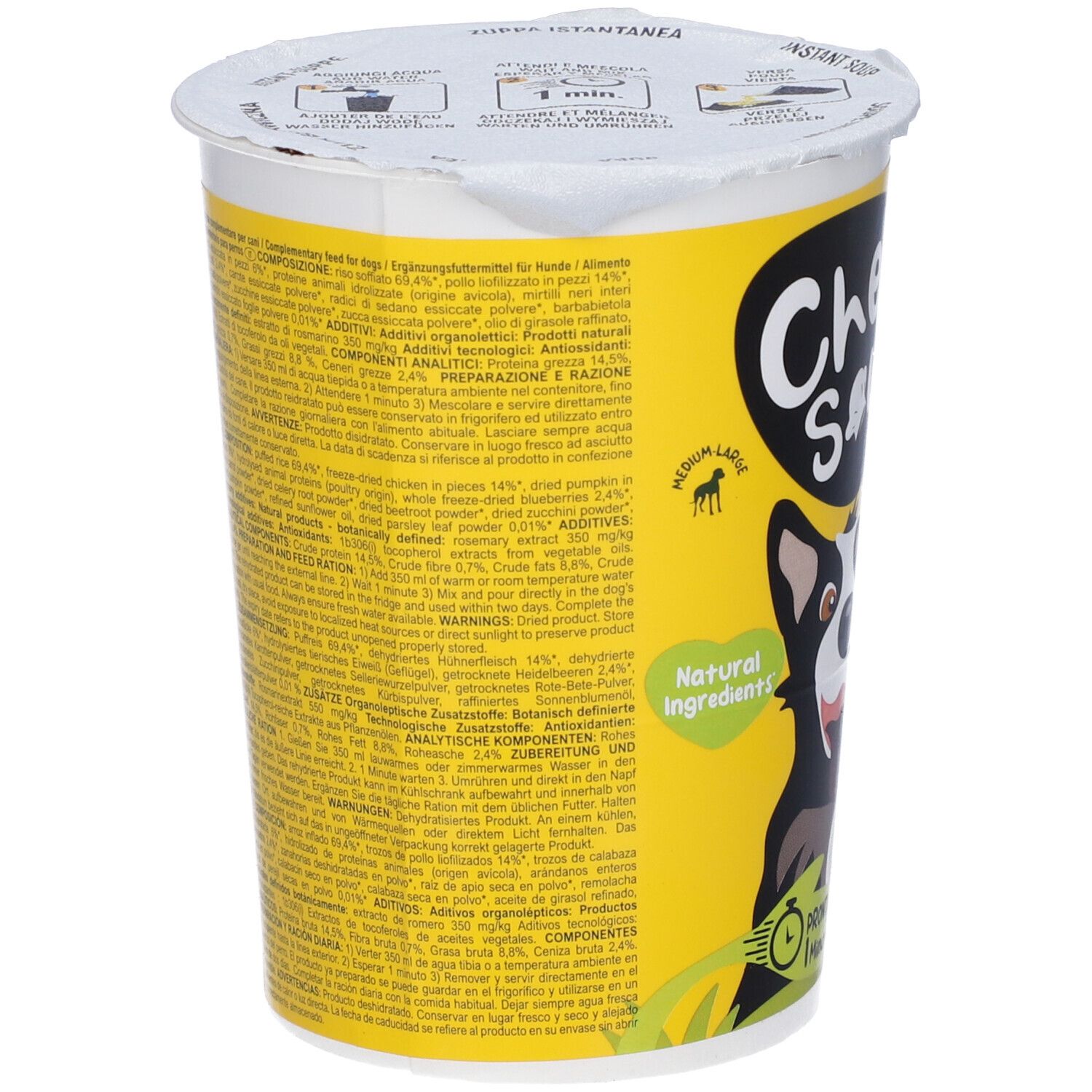 Retro della tazza gialla con testo. Contiene elenco ingredienti, informazioni nutrizionali e informazioni sul produttore. Logo "Natural Ingredients".