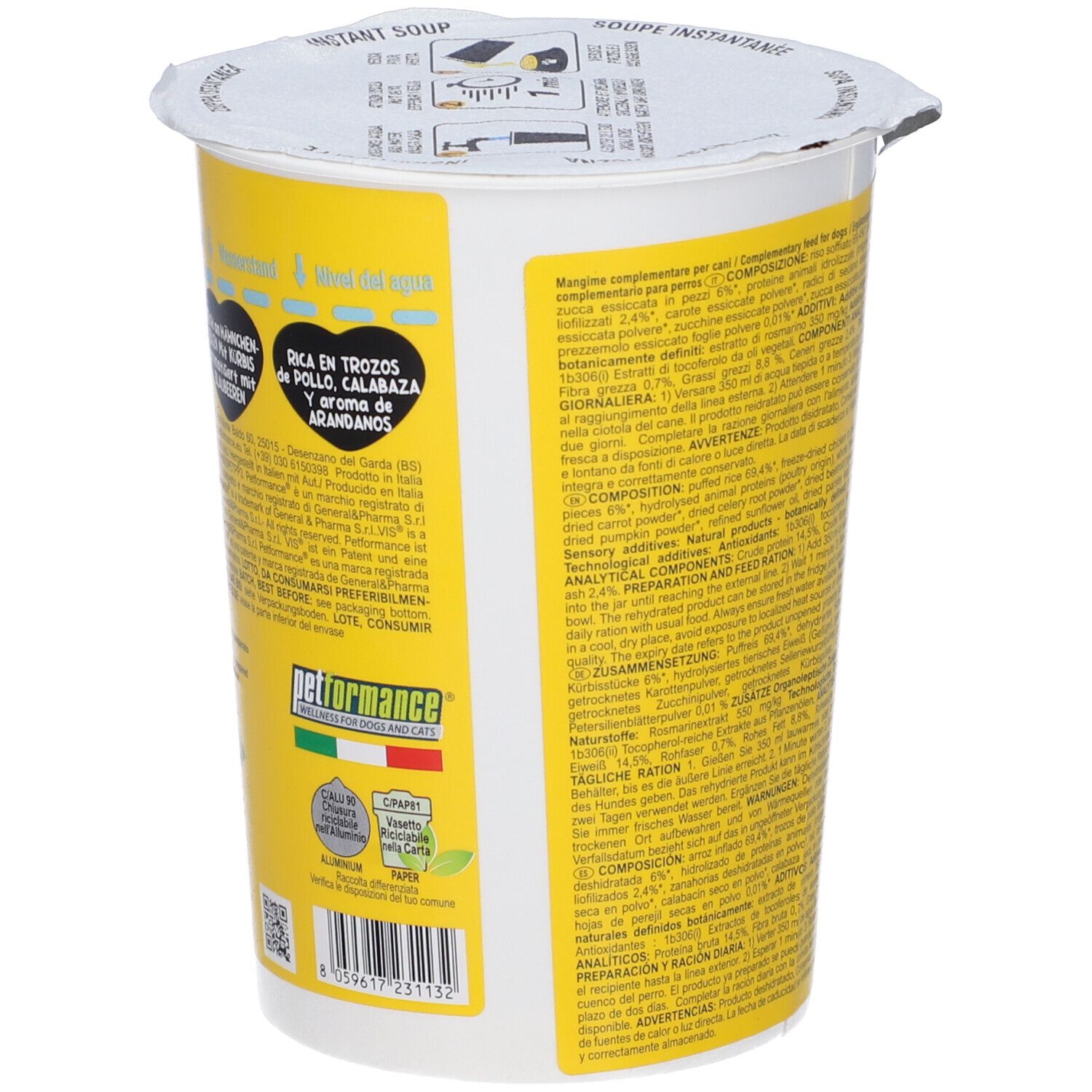 Retro della tazza gialla con testo. Contiene elenco ingredienti, informazioni nutrizionali e informazioni sul produttore. Logo "Pet Performance".