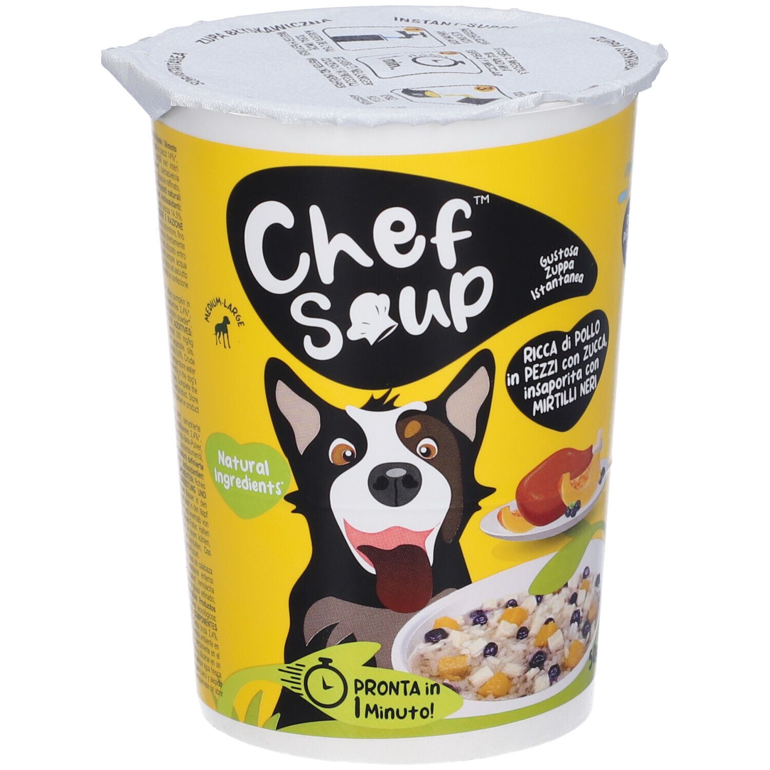 Tazza gialla con logo "Chef Soup" e illustrazione di cane. Contiene pezzi di pollo, zucca e mirtilli. "Pronta in 1 minuto!"