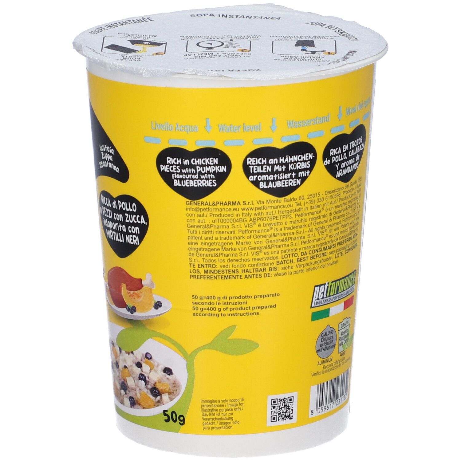 Retro della tazza gialla con testo. Contiene elenco ingredienti, informazioni nutrizionali e informazioni sul produttore. 50g. Codice QR.