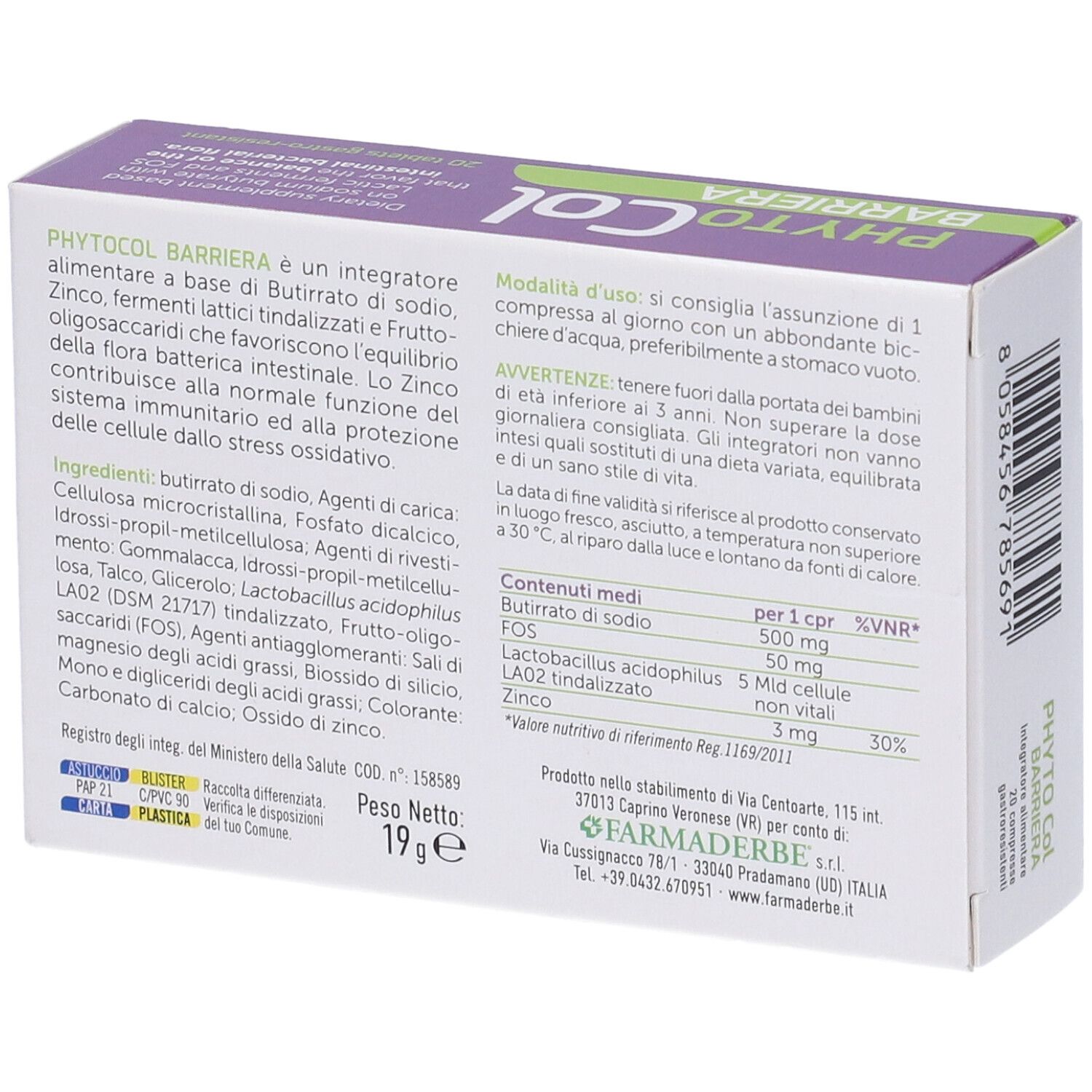Retro della confezione Phyto Col Barriera. Ingredienti, istruzioni e informazioni nutrizionali.