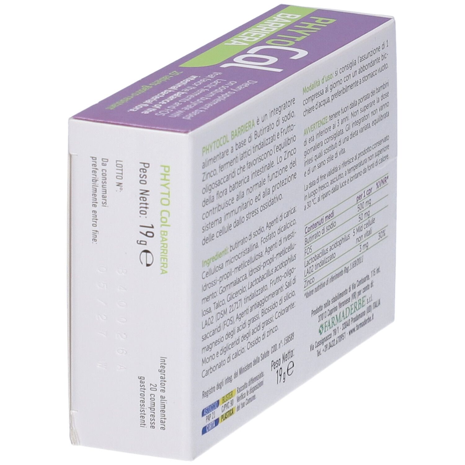 Retro della confezione Phyto Col Barriera. Ingredienti, istruzioni e informazioni nutrizionali.