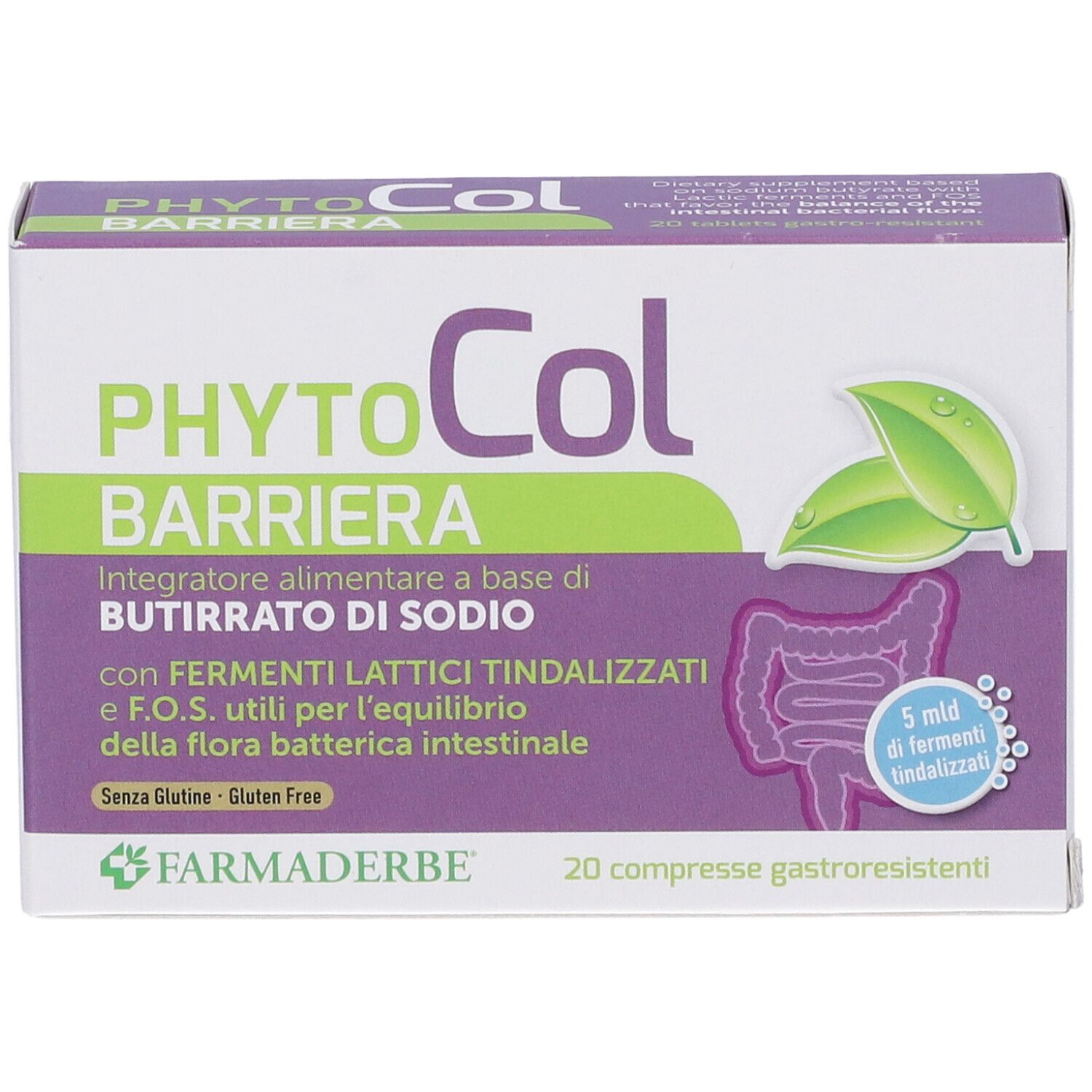Scatola di Phyto Col Barriera. Confezione viola e bianca con nome e dettagli. Contiene 20 compresse.