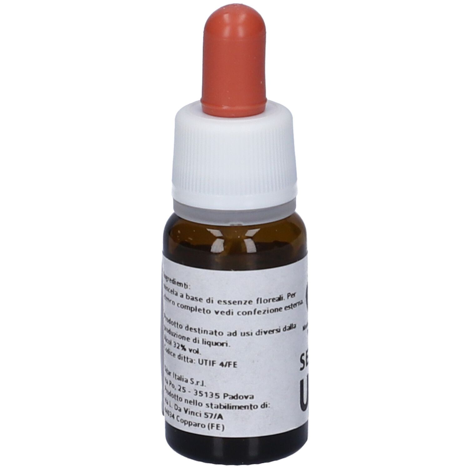 Flacone di vetro marrone con tappo bianco e contagocce rosso. Etichetta con testo e informazioni. SETUP UM, Meridian Flowers Remedy.