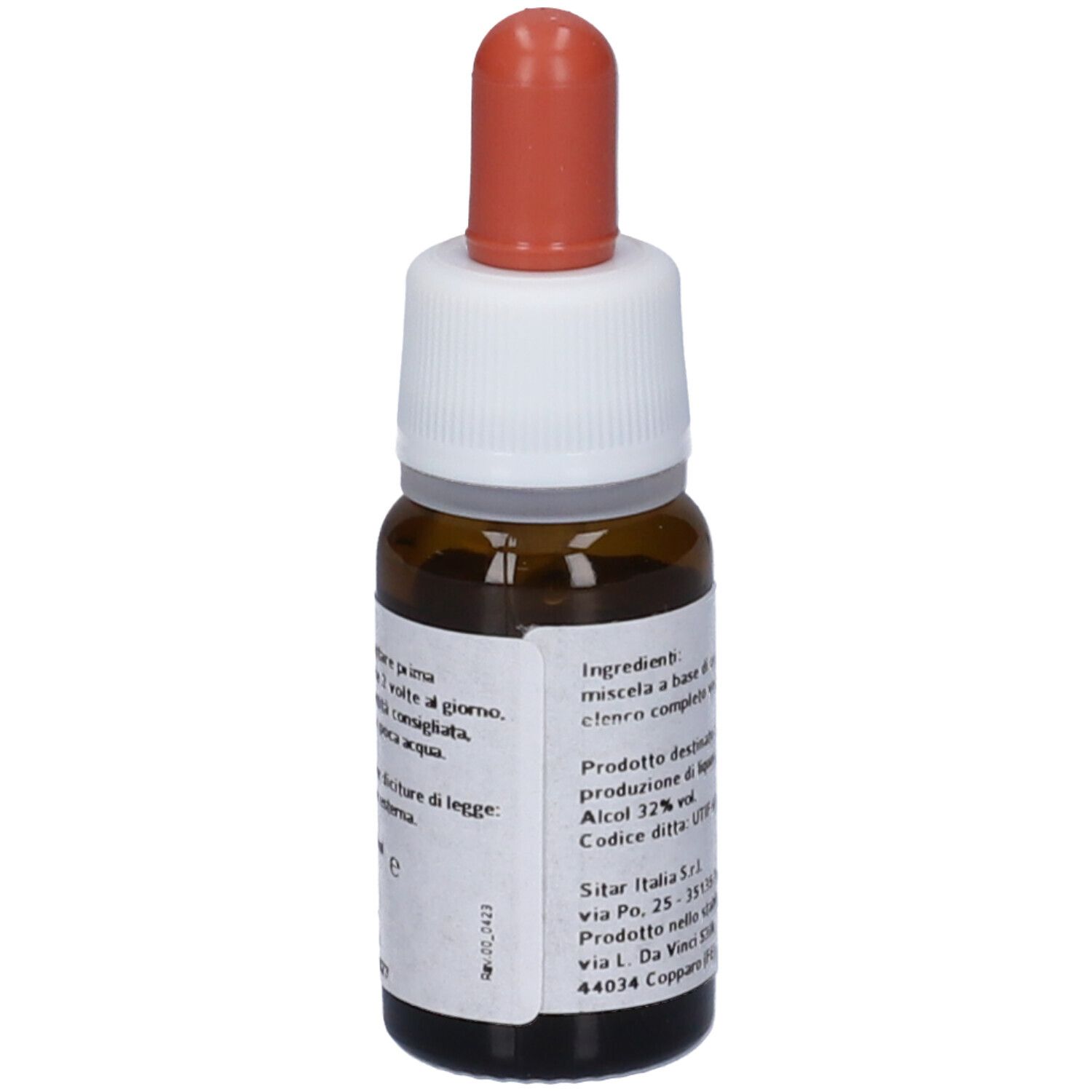 Flacone di vetro marrone con tappo bianco e contagocce rosso. Etichetta con testo e informazioni. SETUP UM, Meridian Flowers Remedy.