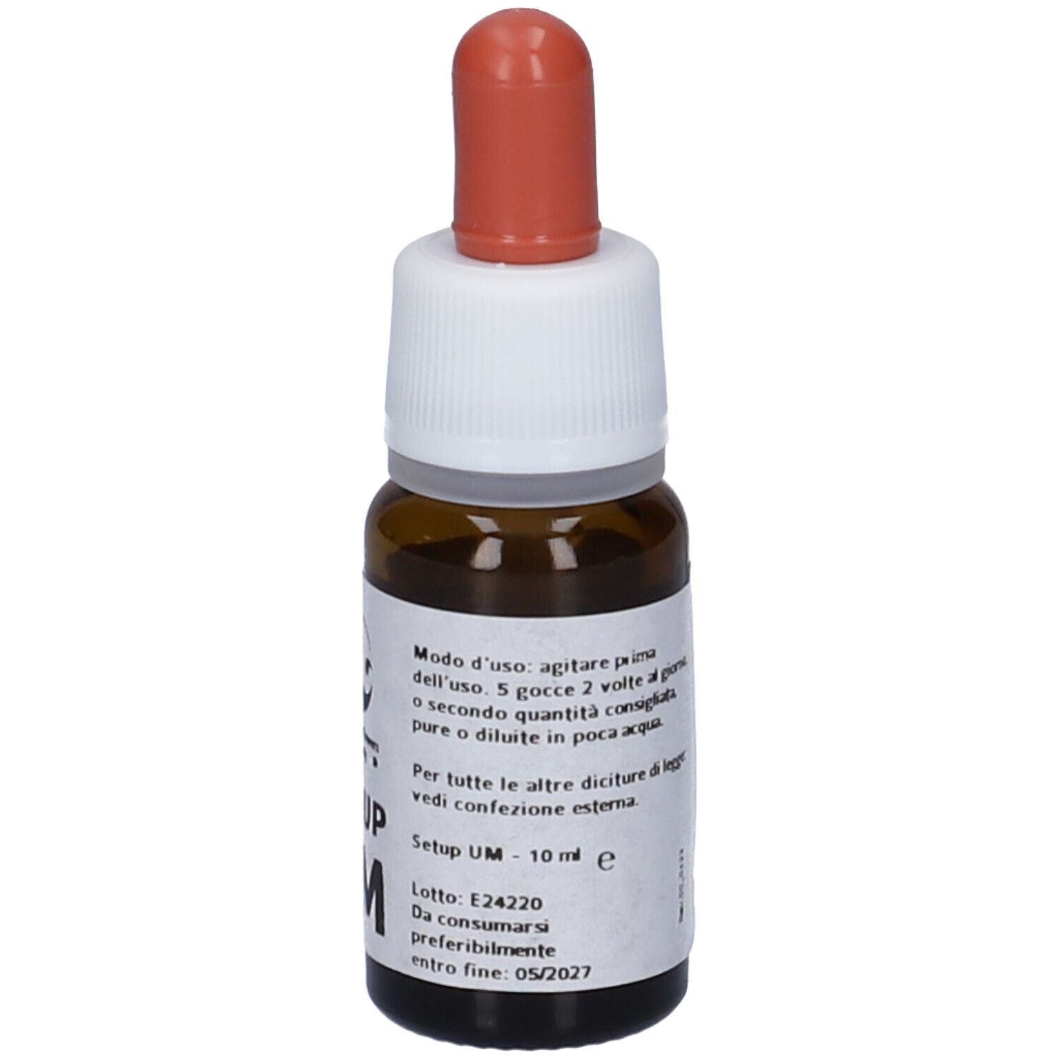 Flacone di vetro marrone con tappo bianco e contagocce rosso. Etichetta con testo e informazioni. SETUP UM, Meridian Flowers Remedy.