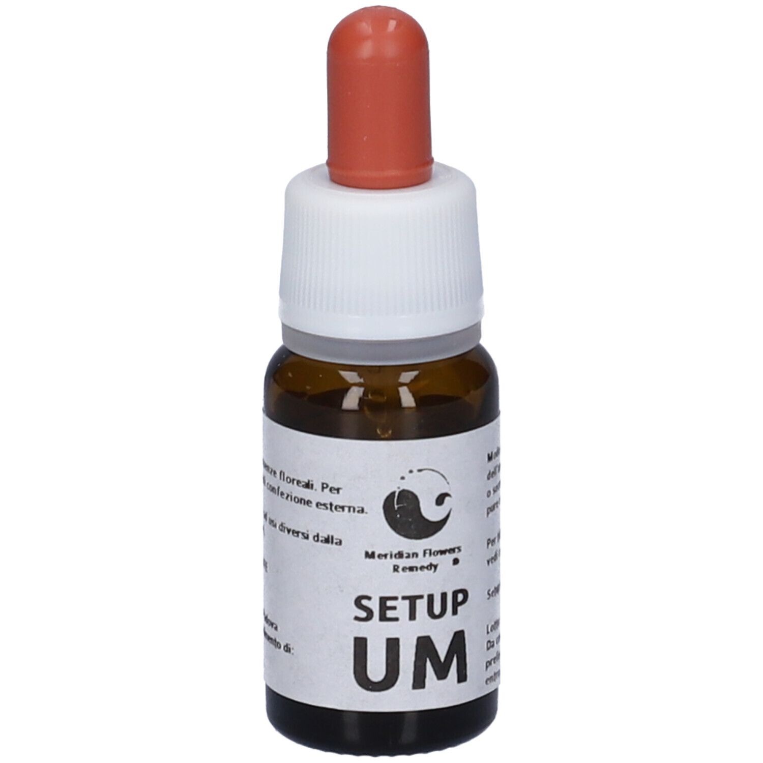 Flacone di vetro marrone con tappo bianco e contagocce rosso. Etichetta con testo e informazioni. SETUP UM, Meridian Flowers Remedy.