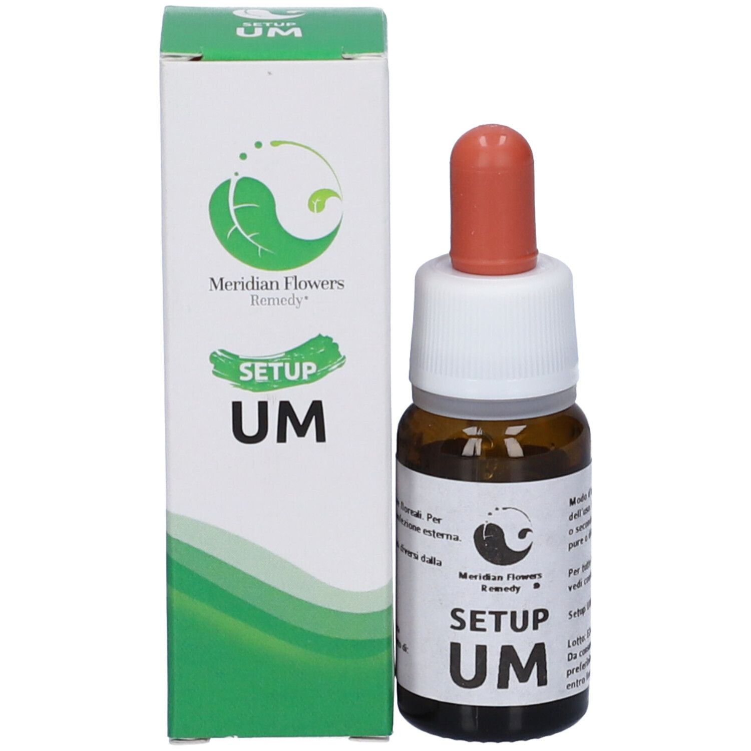 Flacone di vetro marrone con tappo bianco e contagocce rosso accanto a una scatola rettangolare. SETUP UM, Meridian Flowers Remedy.