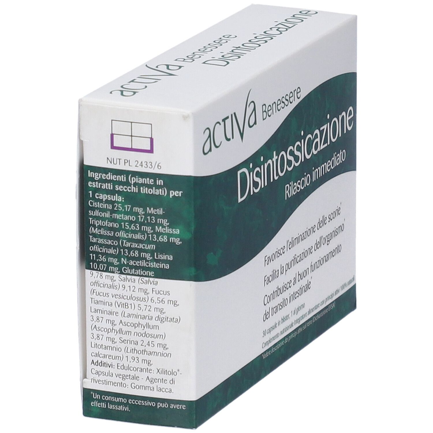 Scatola bianca, lato con ingredienti: Cistina, Melisa, Tarassaco, Lisina, N-acetilcisteina, Glutathion, Salvia, Fucus.