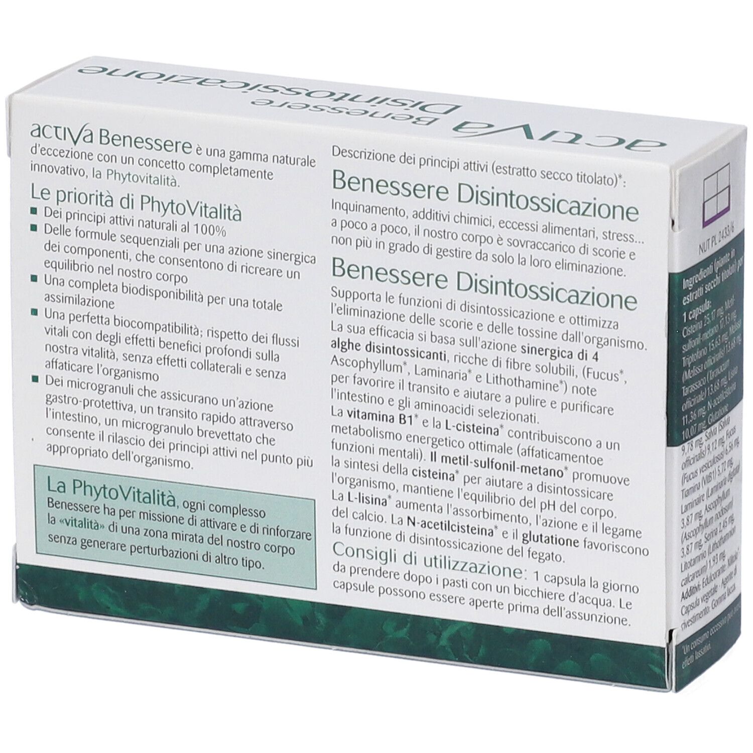 Retro della scatola bianca. Testo sui benefici di Benessere Disintossicazione. Informazioni sull'uso.