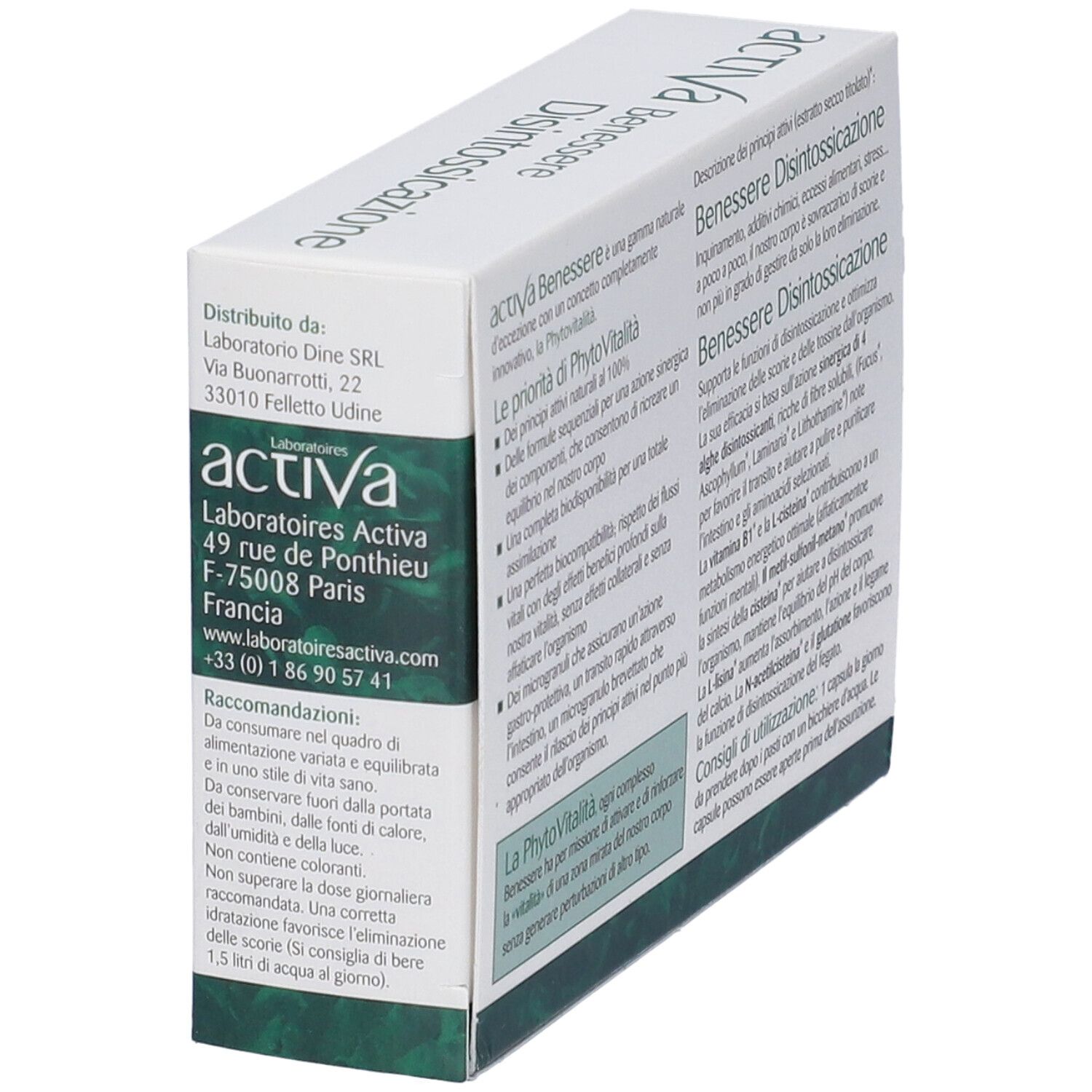 Lato della scatola bianca. Indirizzo del produttore: Laboratoires Activa. Informazioni sulle raccomandazioni.