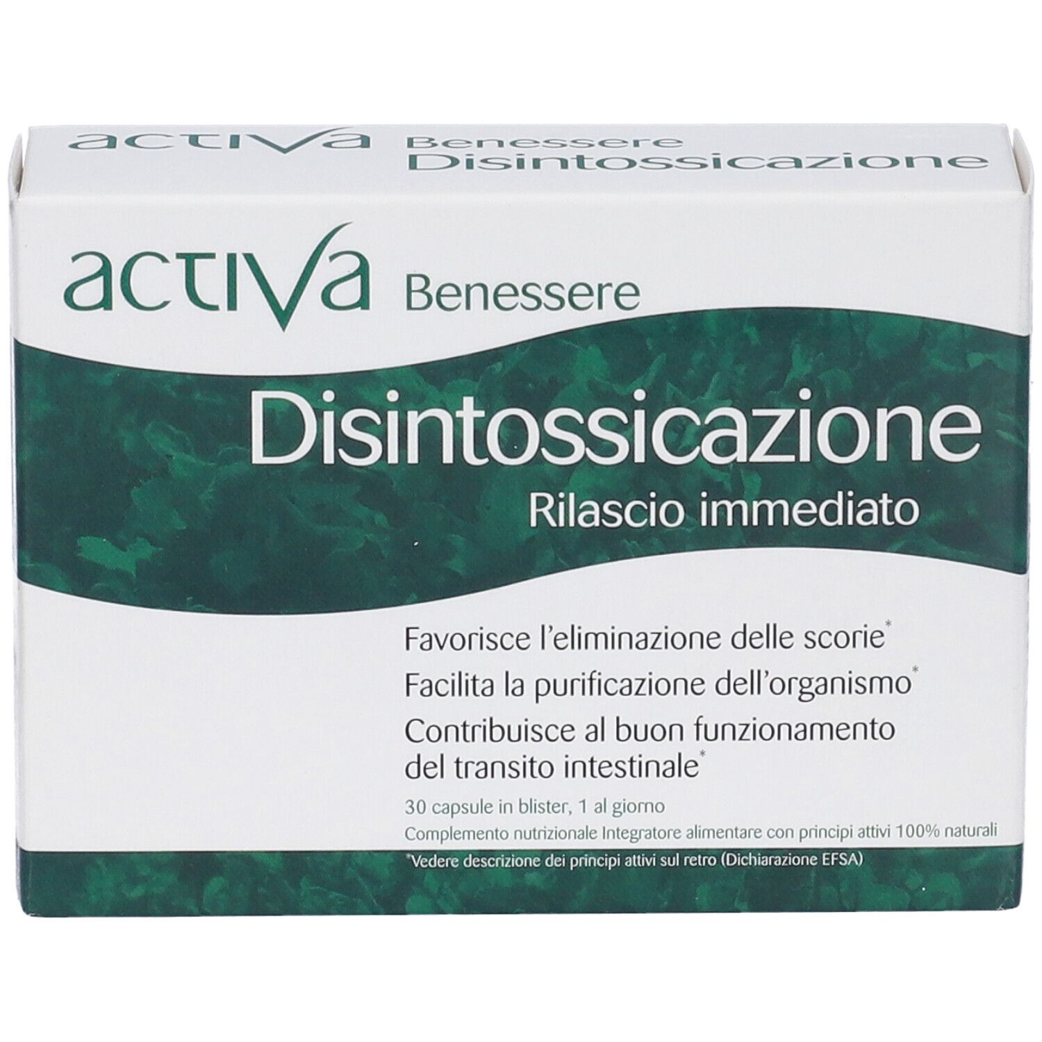 Scatola bianca e verde. Scritta: activa Benessere Disintossicazione. 30 capsule. Rilascio immediato.