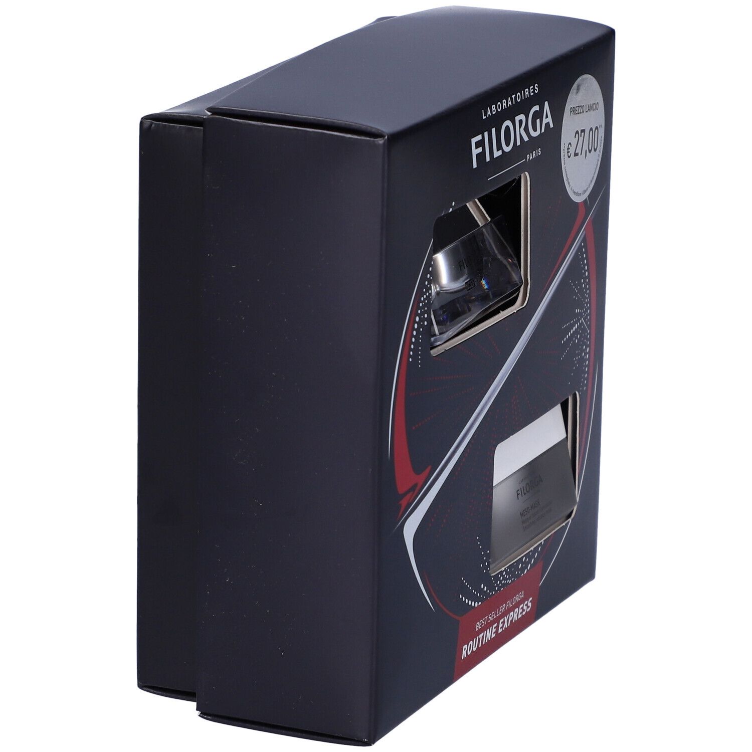 Vista laterale della confezione nera. Logo FILORGA. Adesivo prezzo: €27,00. Elementi di design rossi e bianchi.